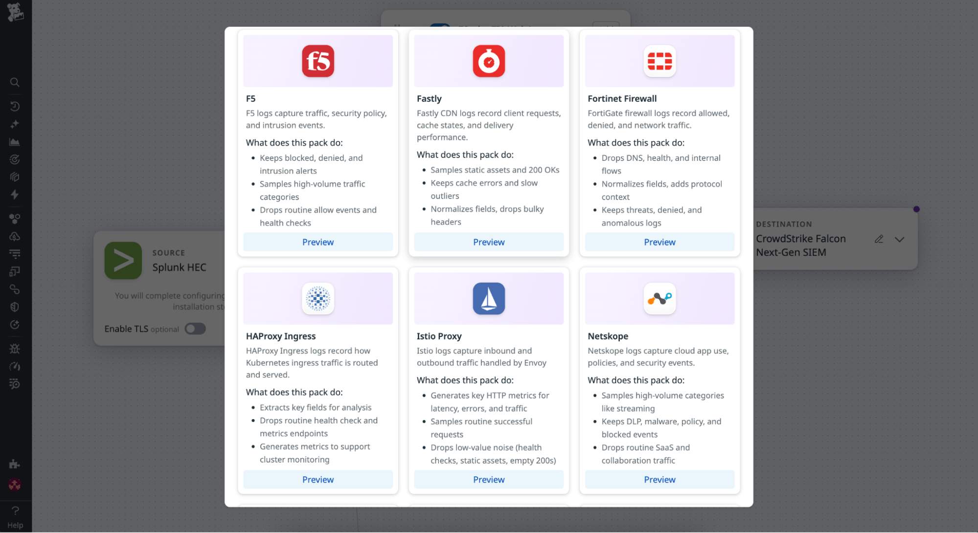 Screenshot showing how to open a list of prebuilt configurations for sources such as Cisco ASA, Palo Alto Firewall, and Okta.