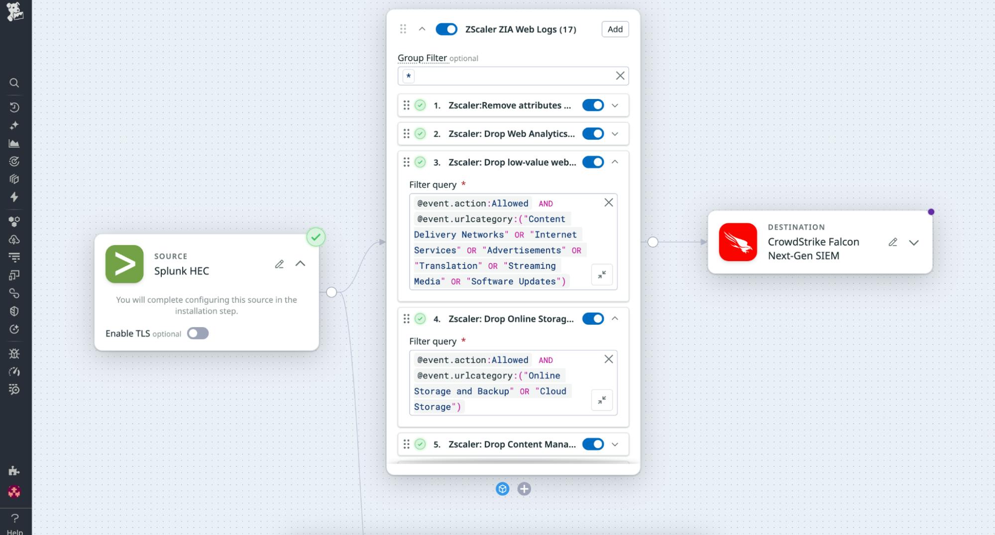 Screenshot showing how the Zscaler Web Logs Pack reduces ingestion by filtering out repetitive allowed requests and routine browsing activity while retaining blocked, suspicious, and unknown connections.