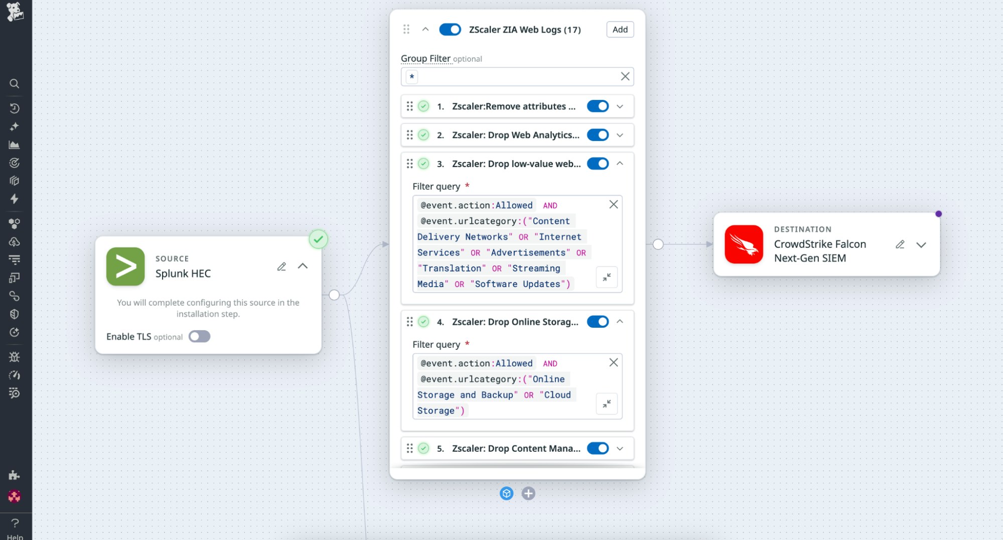 Screenshot showing how the Zscaler Web Logs Pack reduces ingestion by filtering out repetitive allowed requests and routine browsing activity while retaining blocked, suspicious, and unknown connections. Screenshot showing how the Zscaler Web Logs Pack reduces ingestion by filtering out repetitive allowed requests and routine browsing activity while retaining blocked, suspicious, and unknown connections.