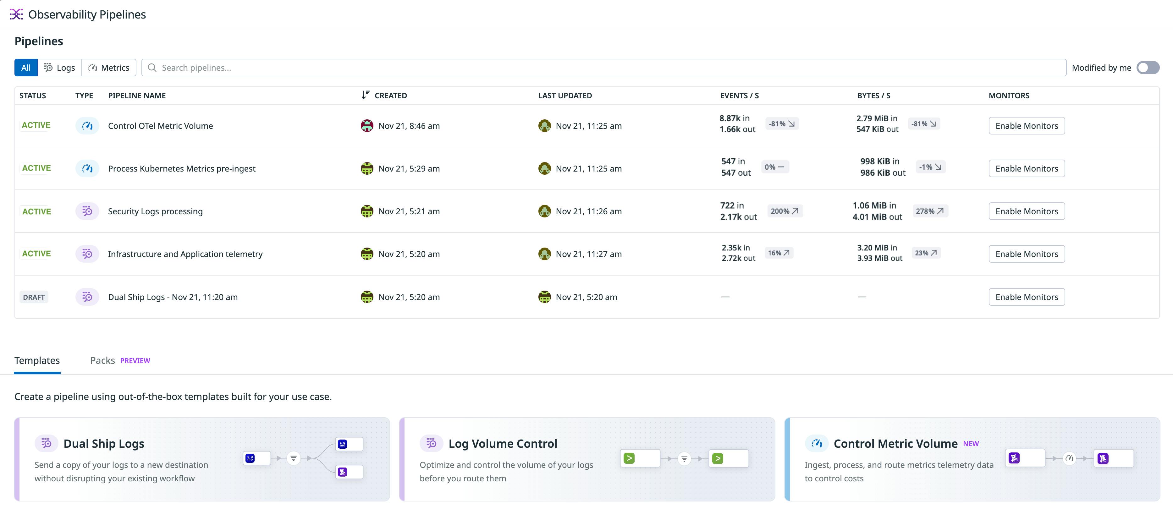 Observability Pipelines screen showing a unified pipeline for both logs and metrics.