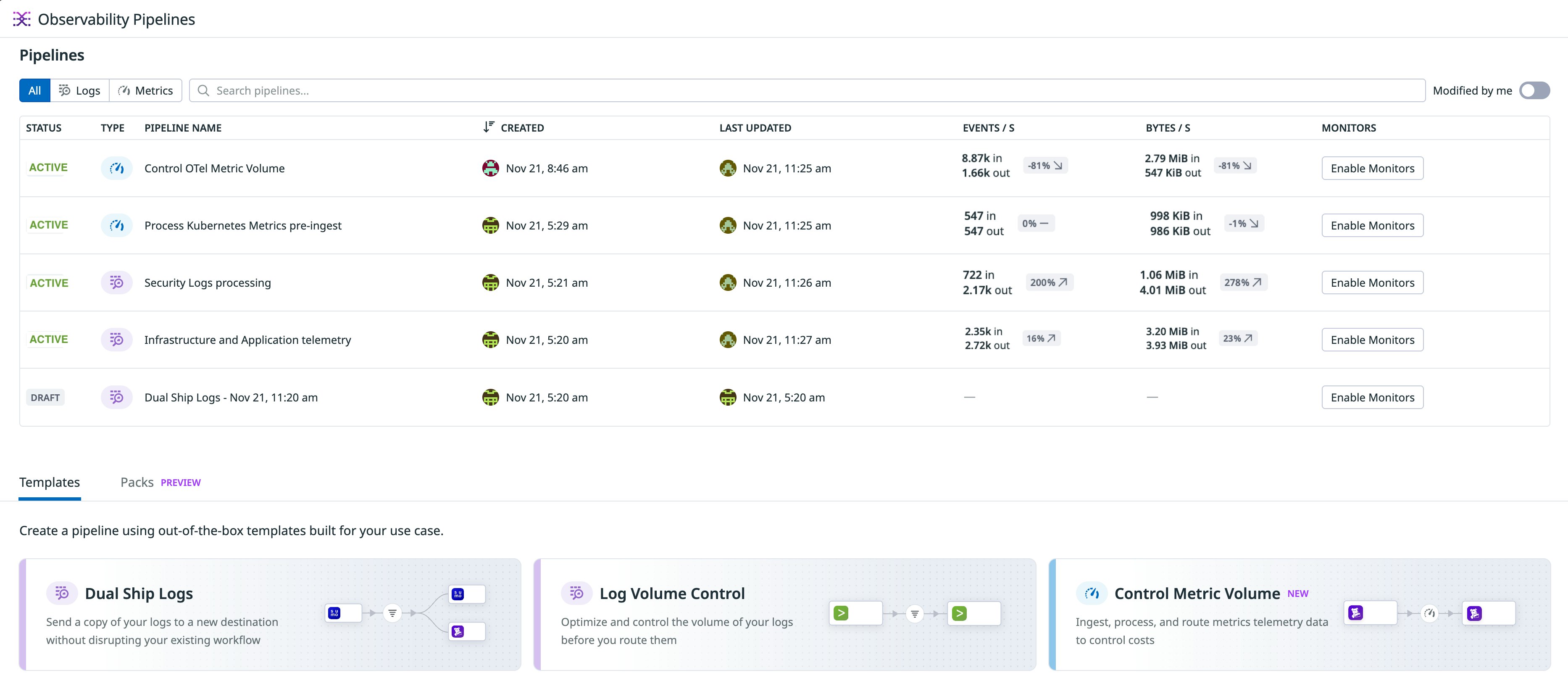 Observability Pipelines screen showing a unified pipeline for both logs and metrics. Observability Pipelines screen showing a unified pipeline for both logs and metrics.