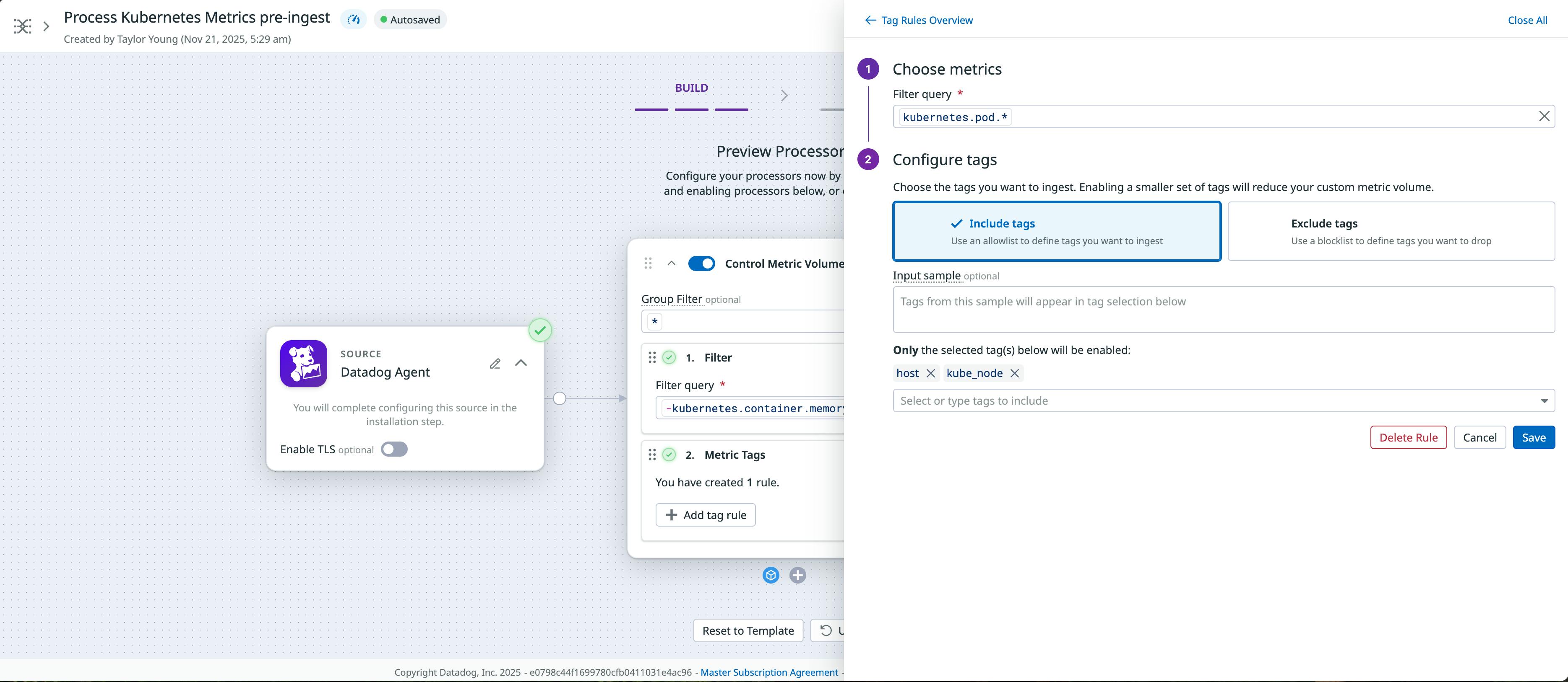 Example configuration of a tag inclusion list in Observability Pipelines for enforcing tag policies on metrics.