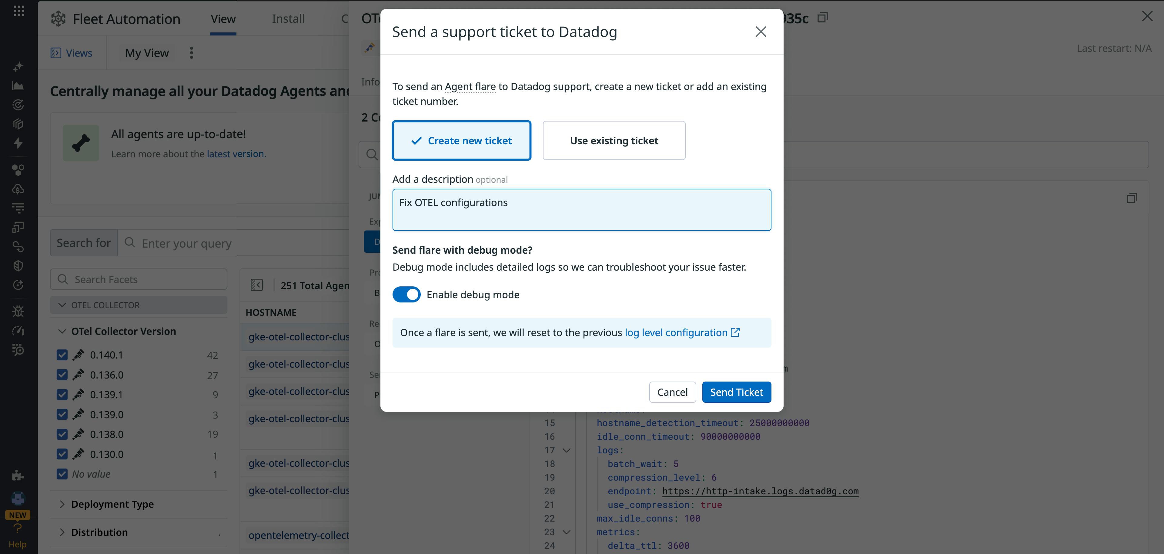 Side panel showing the option to send a diagnostic flare for a DDOT collector.