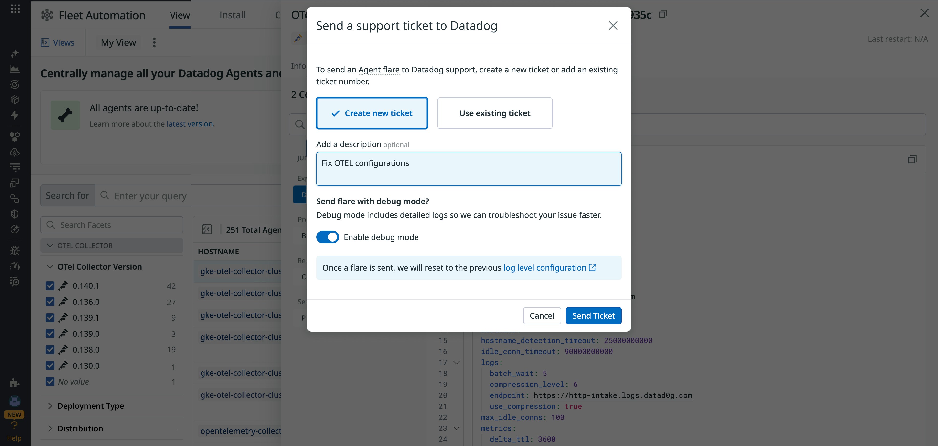 Side panel showing the option to send a diagnostic flare for a DDOT collector. Side panel showing the option to send a diagnostic flare for a DDOT collector.