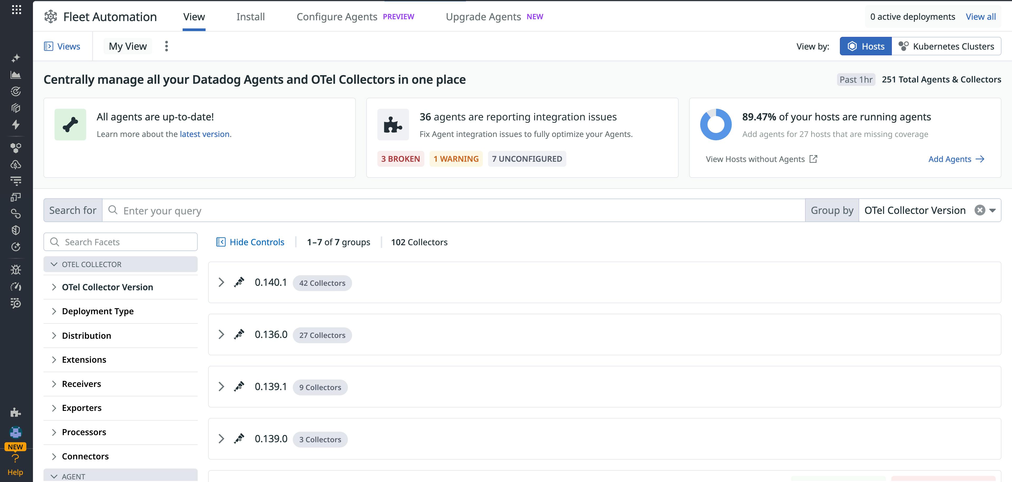 A unified inventory showing OTel collectors grouped by version.