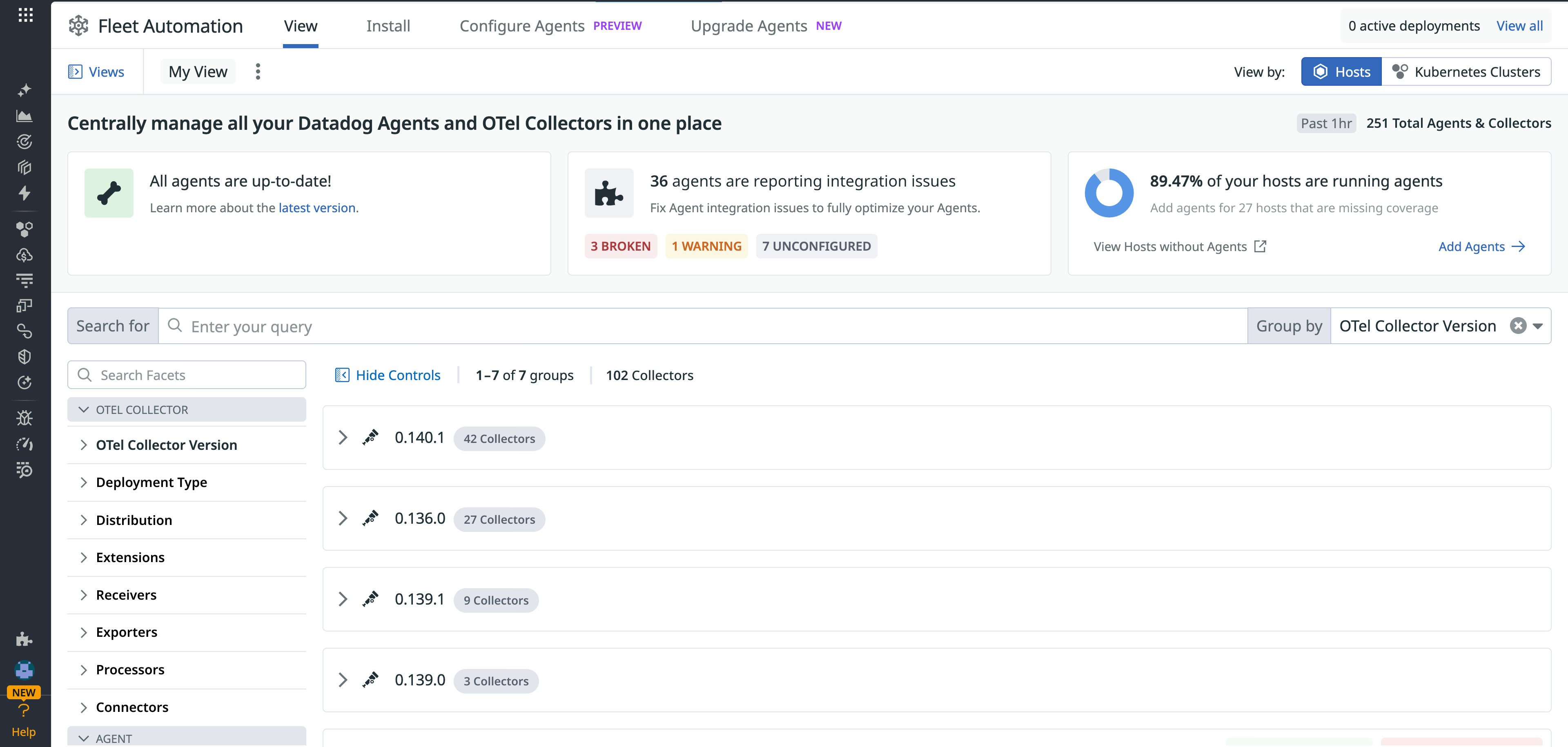 A unified inventory showing OTel collectors grouped by version. A unified inventory showing OTel collectors grouped by version.