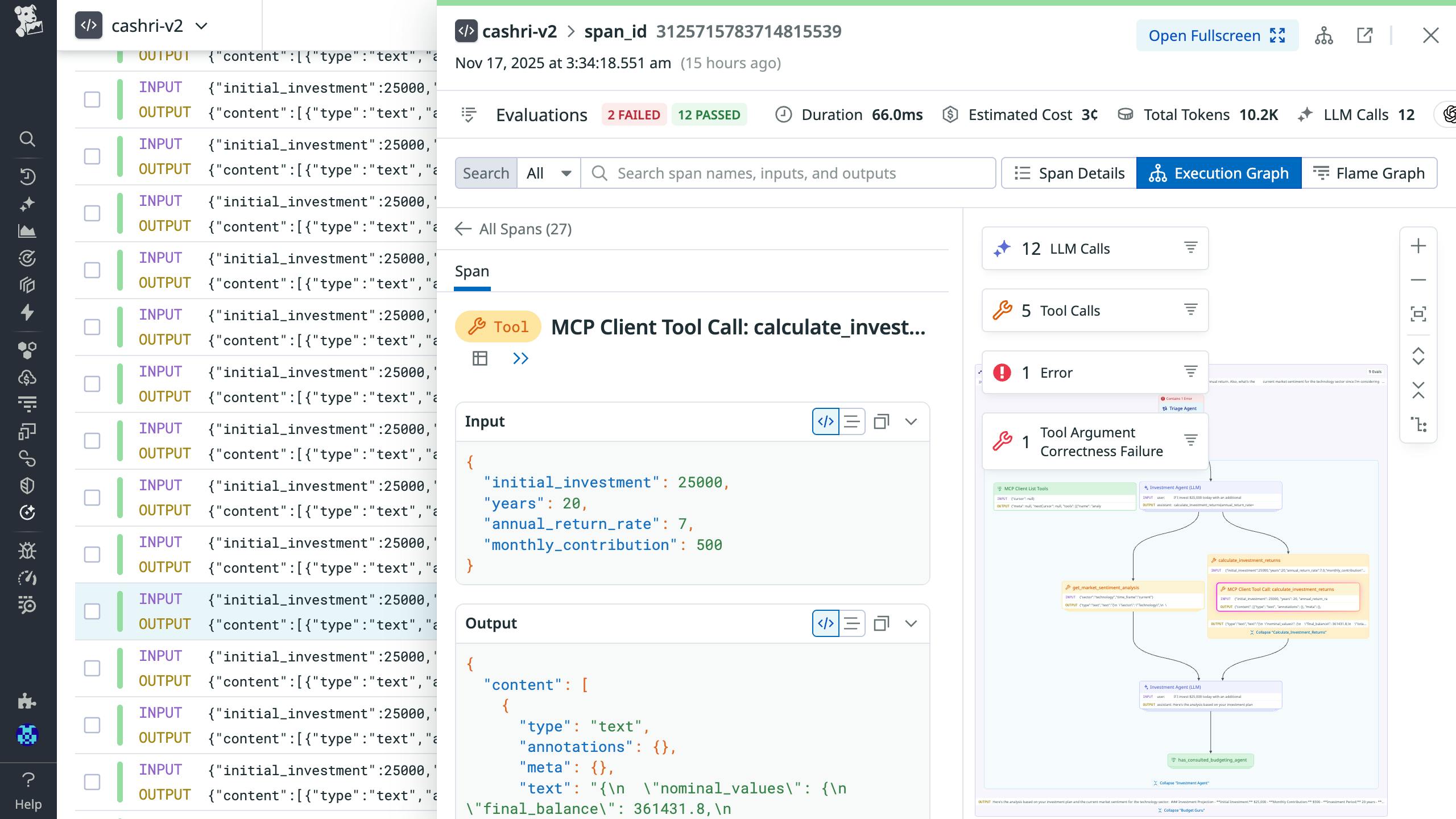 A span details panel shows an MCP client tool call with corresponding input and output. An execution graph on the right shows the full agentic workflow.
