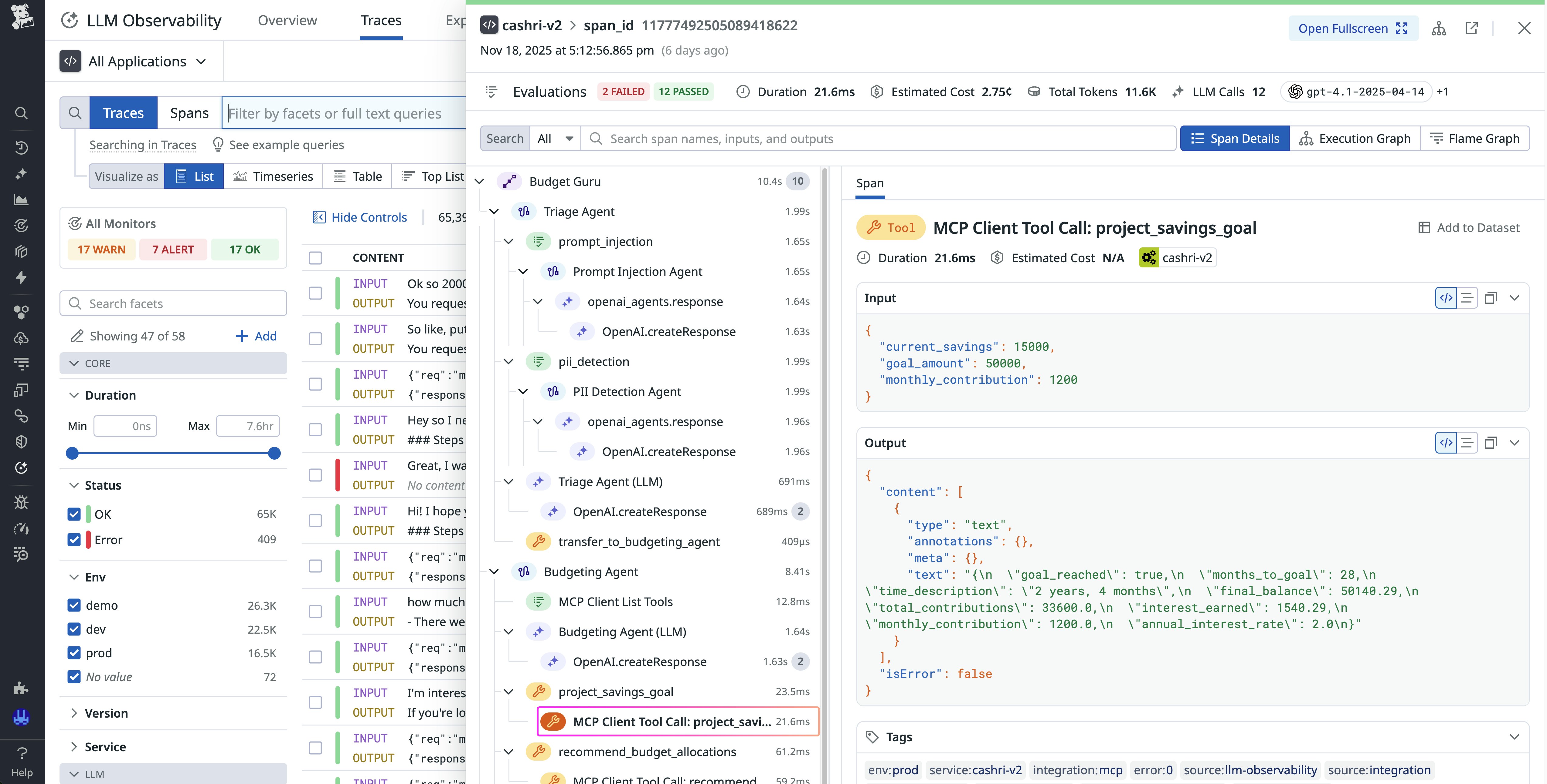 Screenshot of a trace view showing an MCP tool call to an MCP server that the Budget Guru agent is using. Screenshot of a trace view showing an MCP tool call to an MCP server that the Budget Guru agent is using.