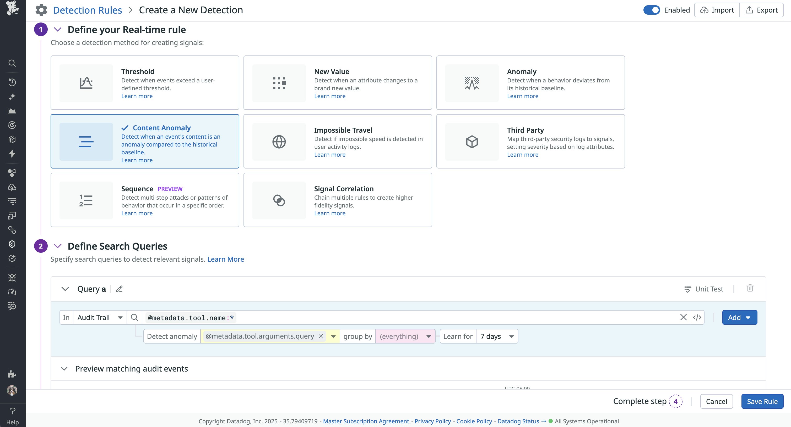 Datadog Cloud SIEM detection rule configured to monitor for SQL injection in MCP tool call queries. Datadog Cloud SIEM detection rule configured to monitor for SQL injection in MCP tool call queries.