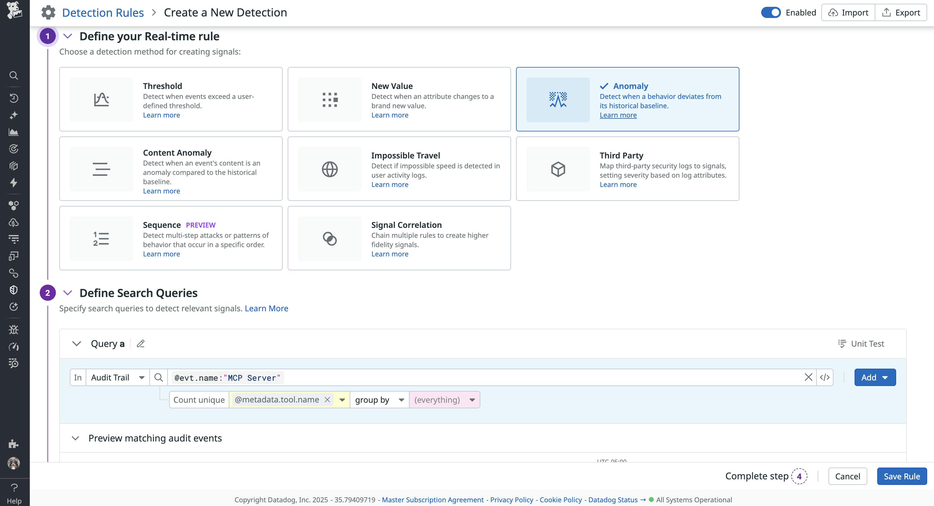 Datadog Cloud SIEM detection rule configured to monitor MCP tool calls.