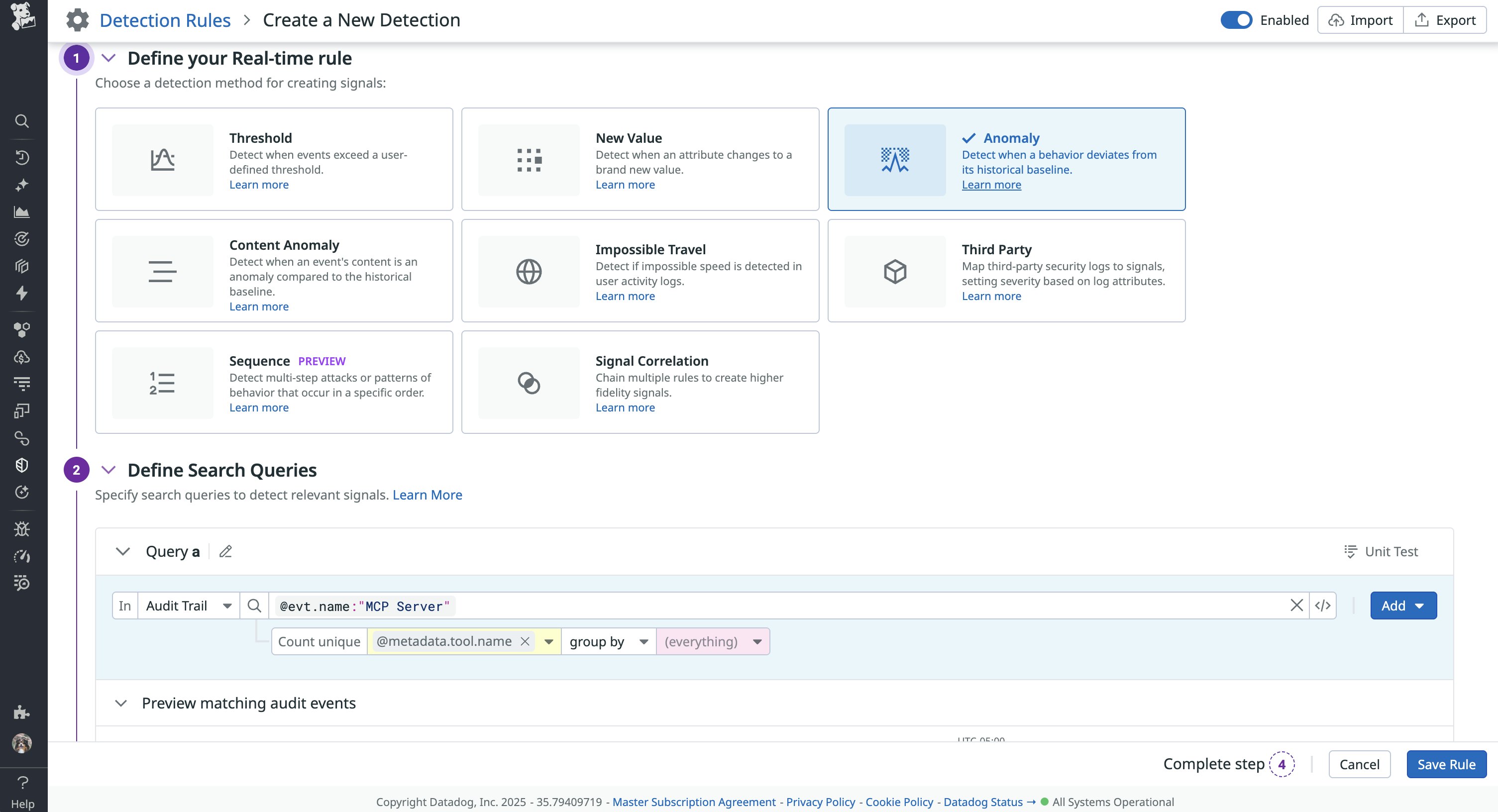 Datadog Cloud SIEM detection rule configured to monitor MCP tool calls. Datadog Cloud SIEM detection rule configured to monitor MCP tool calls.