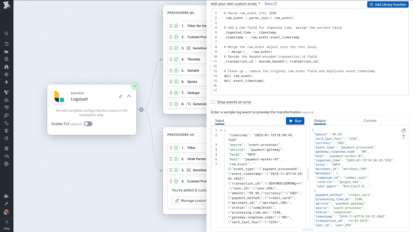 Observability Pipelines UI displaying a custom processor script in Vector Remap Language (VRL). The script parses raw JSON logs, extracts timestamps, and restructures the log fields. The right-hand panel shows sample input and transformed output logs for validation. Observability Pipelines UI displaying a custom processor script in Vector Remap Language (VRL). The script parses raw JSON logs, extracts timestamps, and restructures the log fields. The right-hand panel shows sample input and transformed output logs for validation.