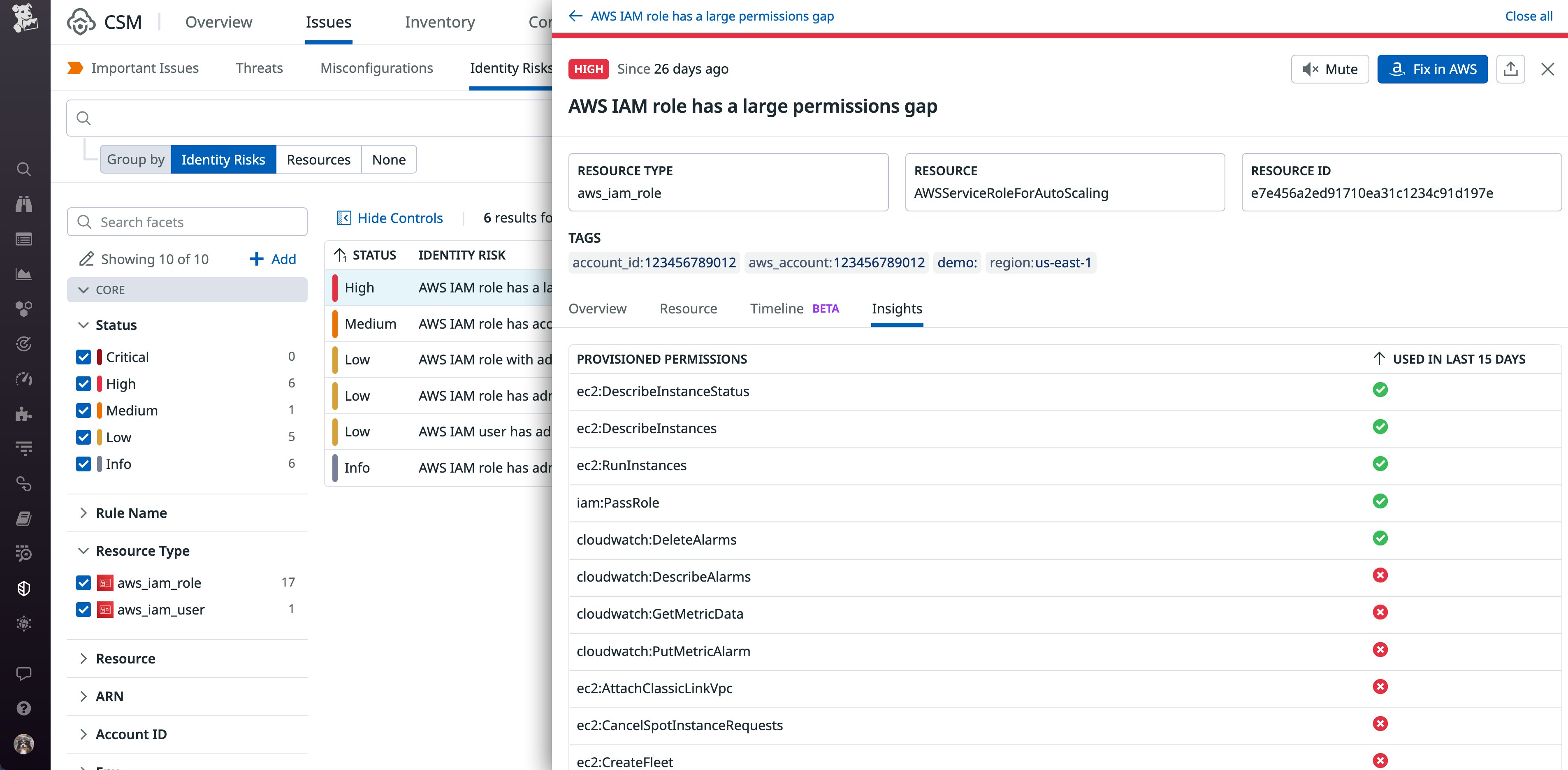 Detailed view of an Identity Risk in Datadog Cloud Security Detailed view of an Identity Risk in Datadog Cloud Security
