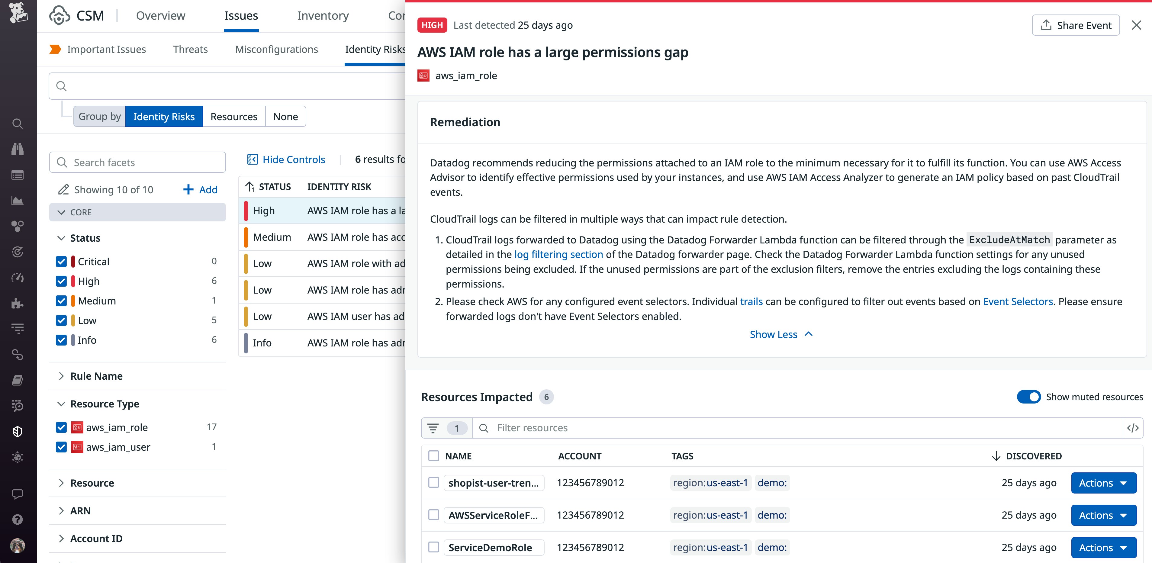 Detailed view of an Identity Risk in Datadog Cloud Security Detailed view of an Identity Risk in Datadog Cloud Security