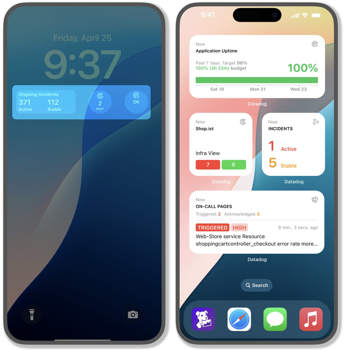 Real-time home and lock screen widgets in the Datadog mobile app. Real-time home and lock screen widgets in the Datadog mobile app.