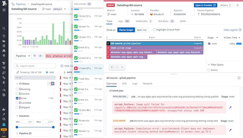 Datadog automatically highlights failed jobs disrupting your pipelines.