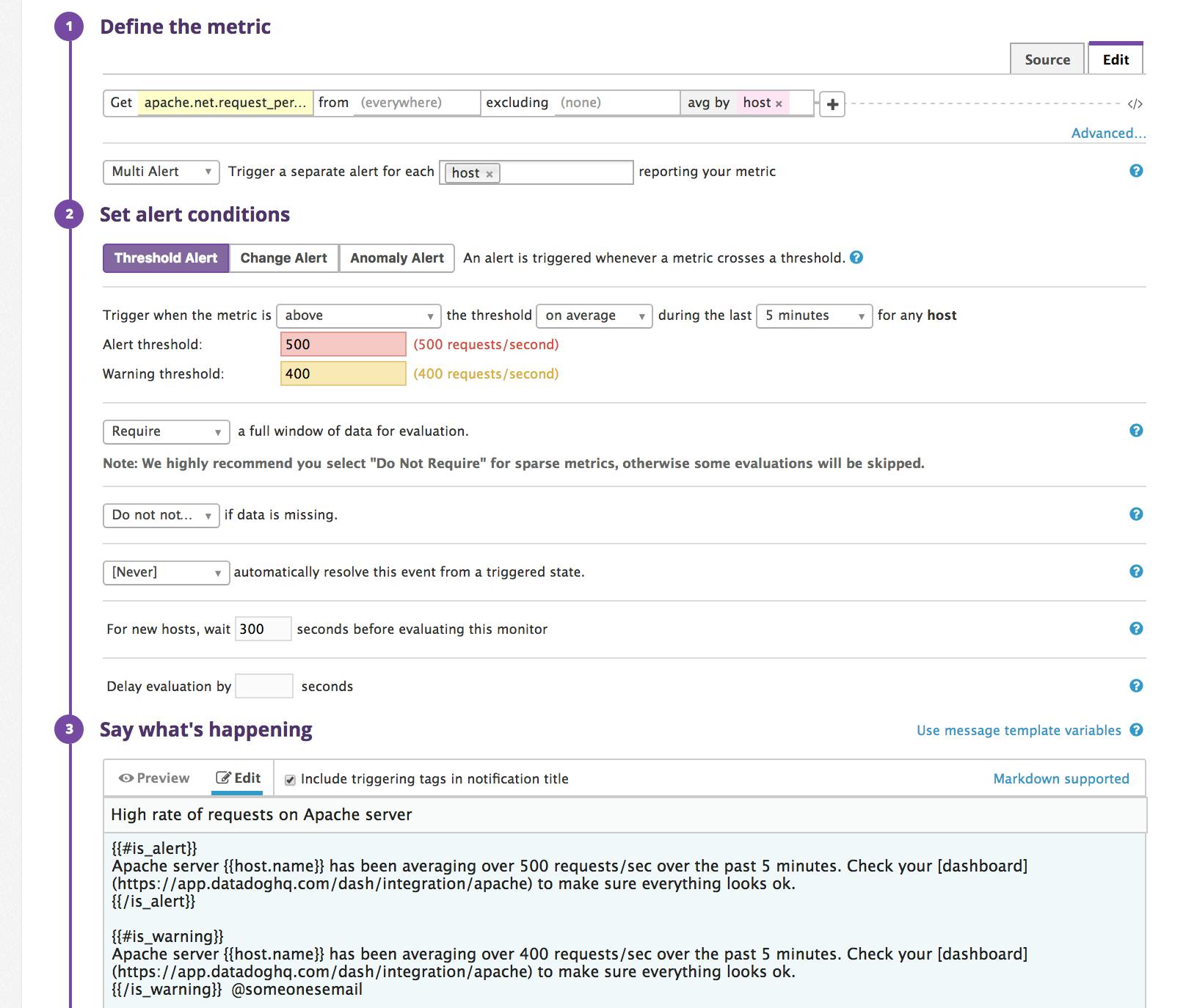 Datadog alert to detect high number of Apache hits