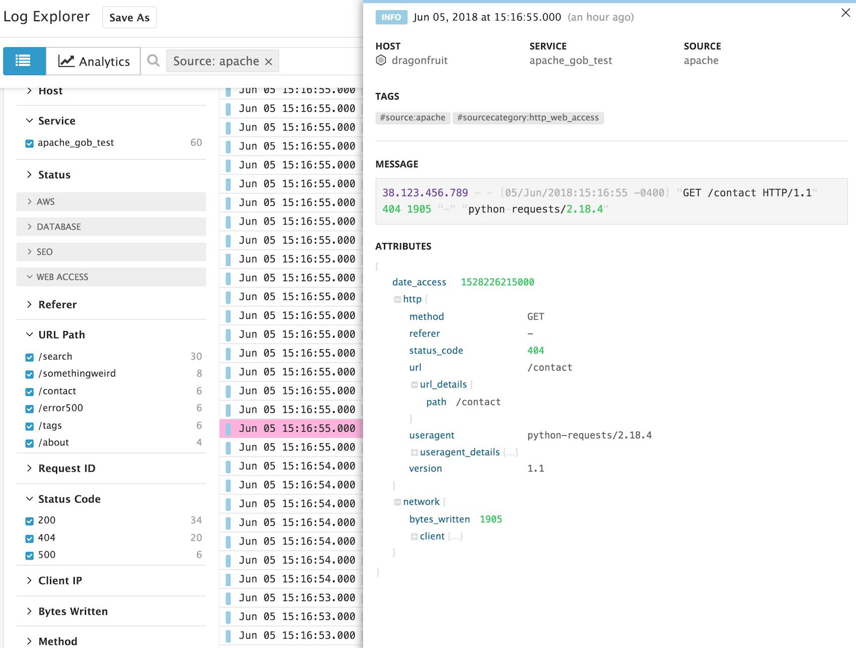 Monitor Apache Datadog log 404 status code