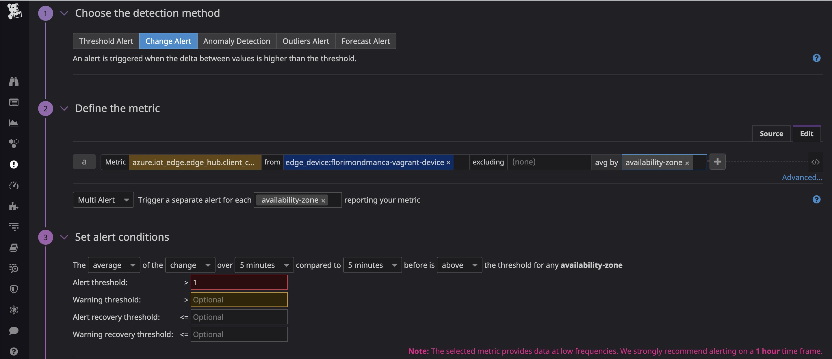 You can set up alerts on any IoT Edge metric collected to get notified as soon as a problem occurs. You can set up alerts on any IoT Edge metric collected to get notified as soon as a problem occurs.
