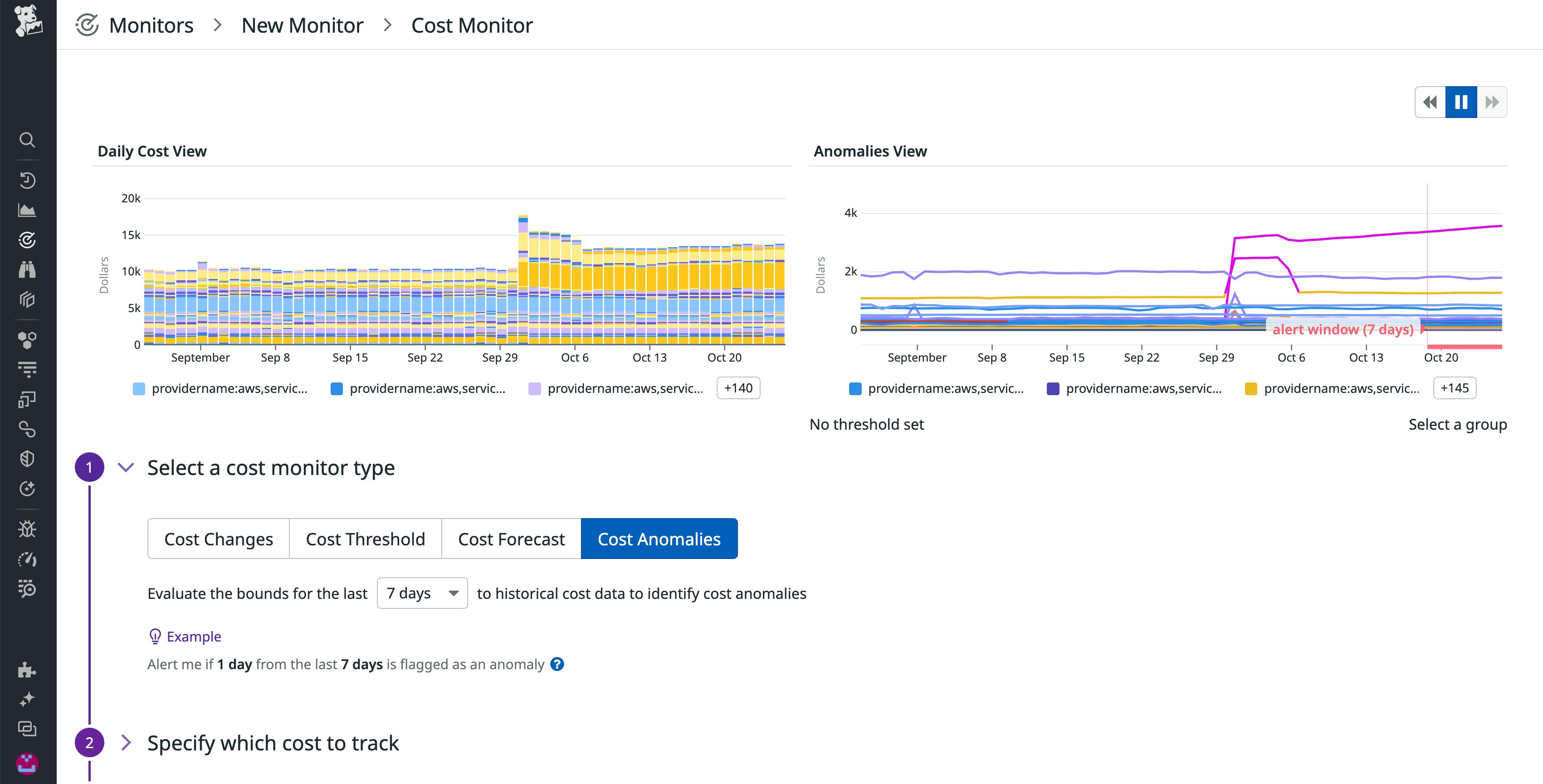 Setting up an anomaly cost monitor. The screenshot also shows daily cost view and anomalies view. Setting up an anomaly cost monitor. The screenshot also shows daily cost view and anomalies view.