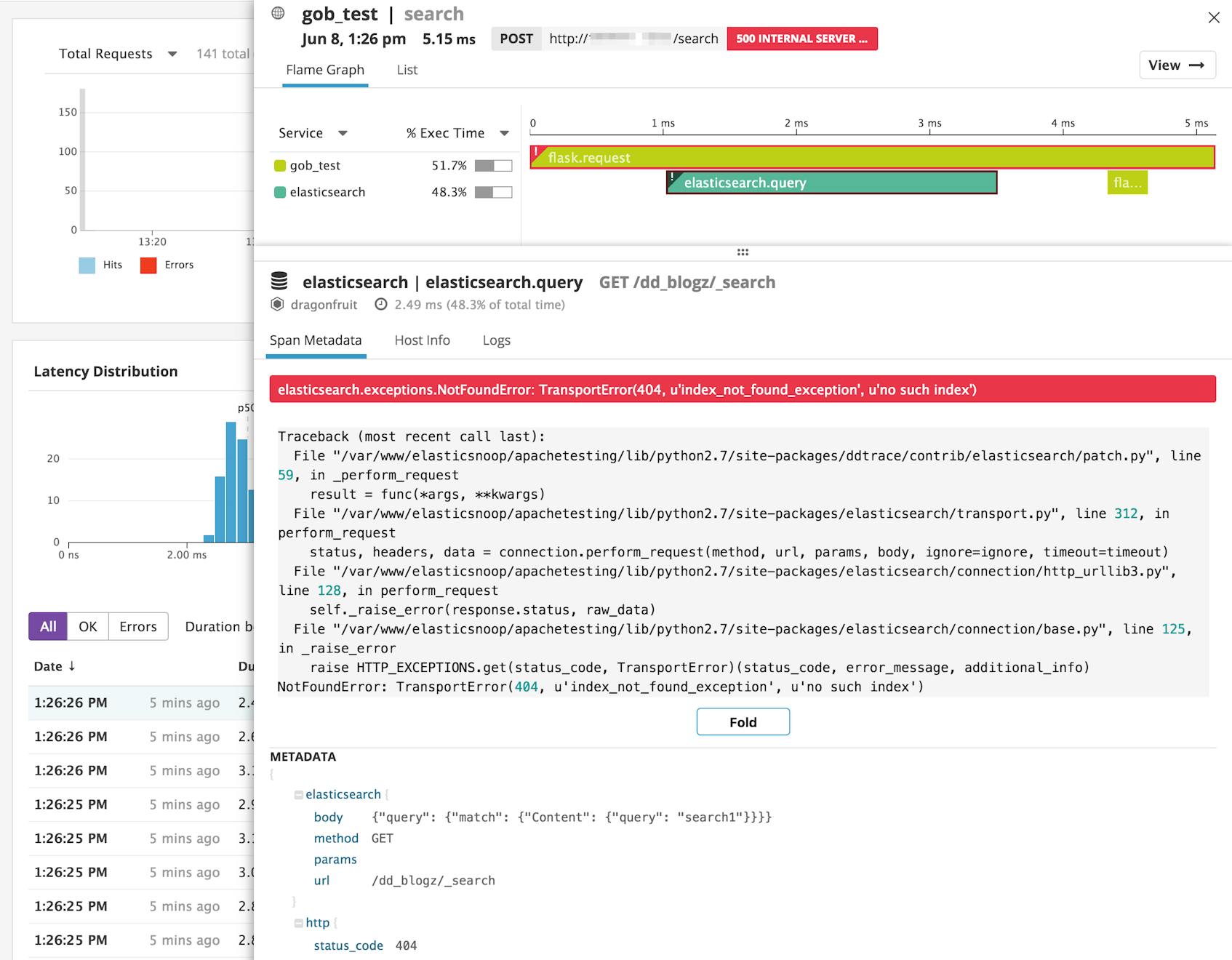tracing elasticsearch queries in Datadog APM - service page