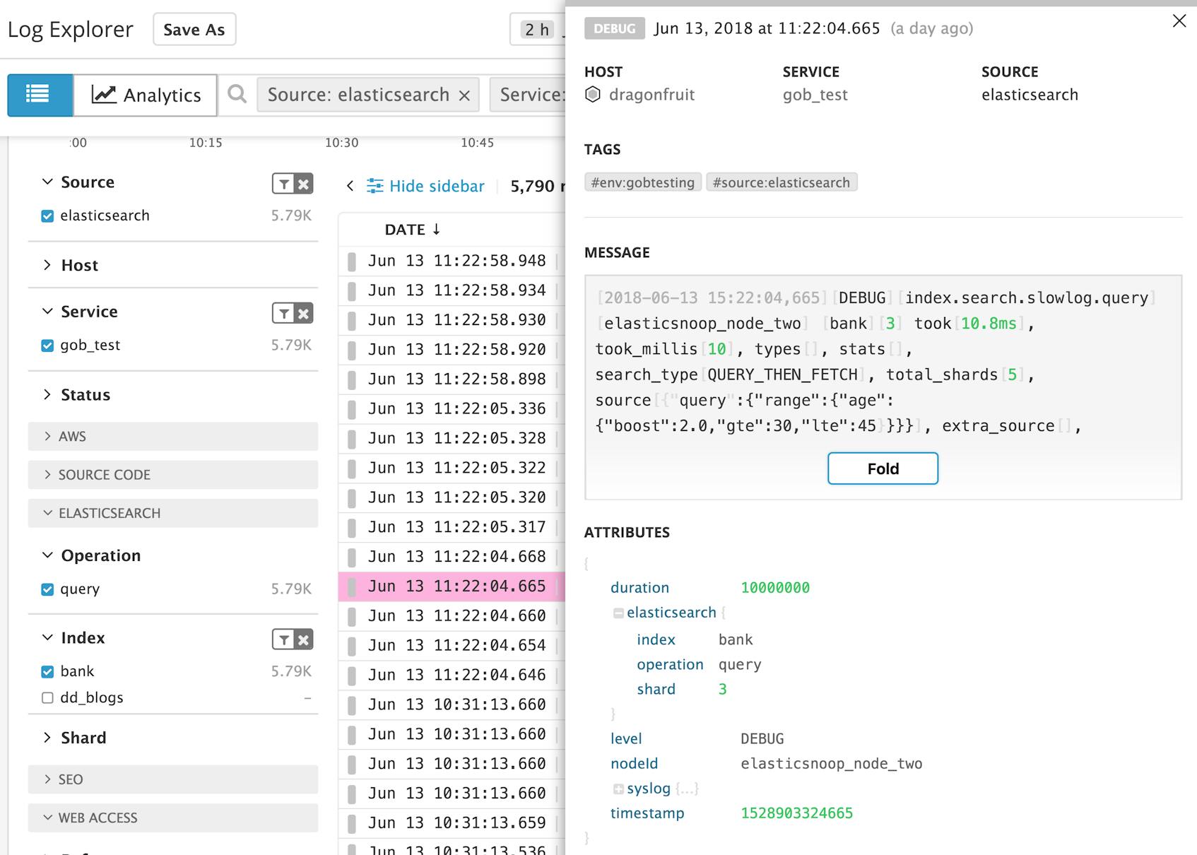 Datadog APM - Elasticsearch service page