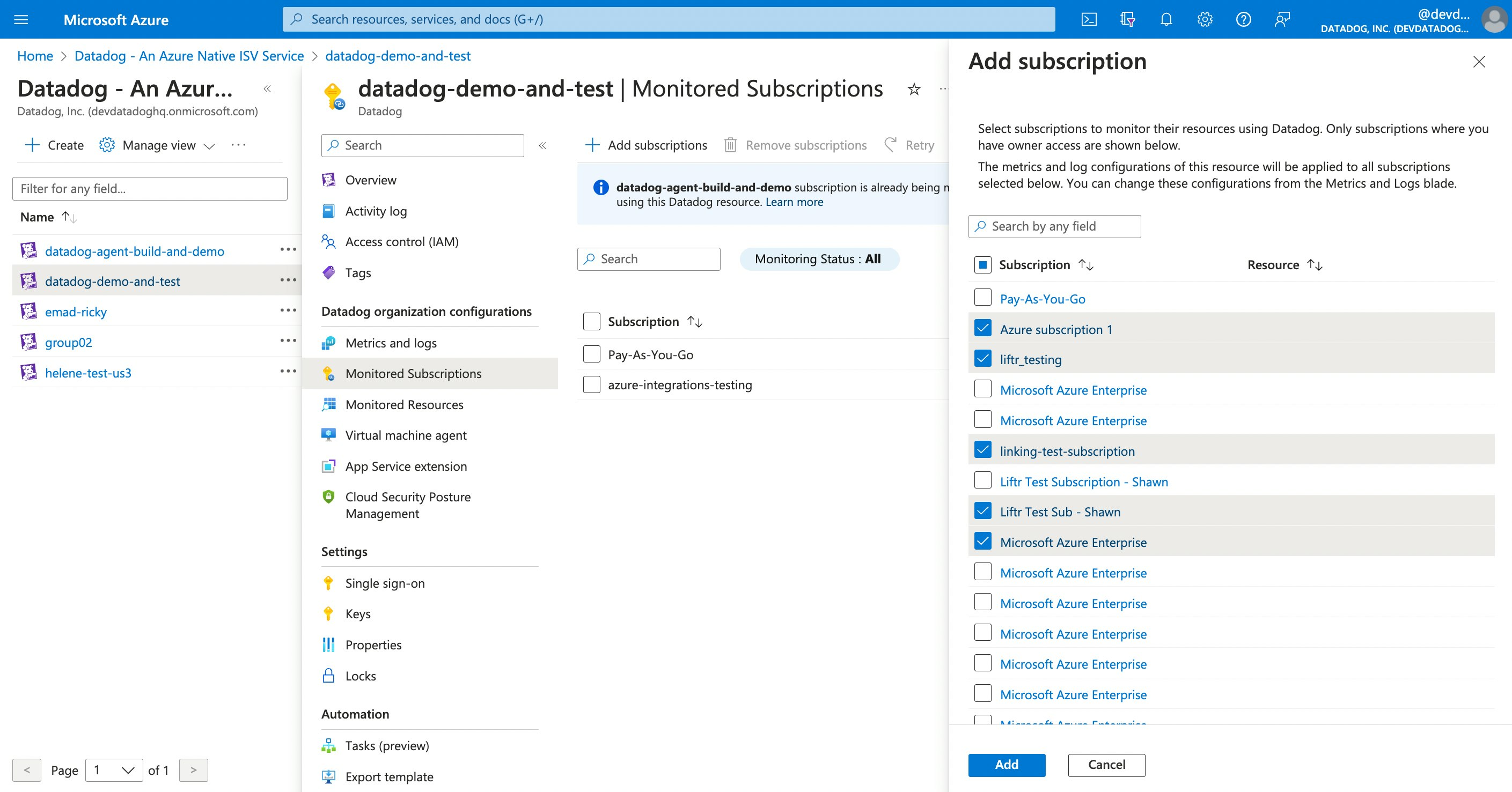 Select which Azure subscriptions you’d like to monitor with Datadog in the Azure portal. Select which Azure subscriptions you’d like to monitor with Datadog in the Azure portal.