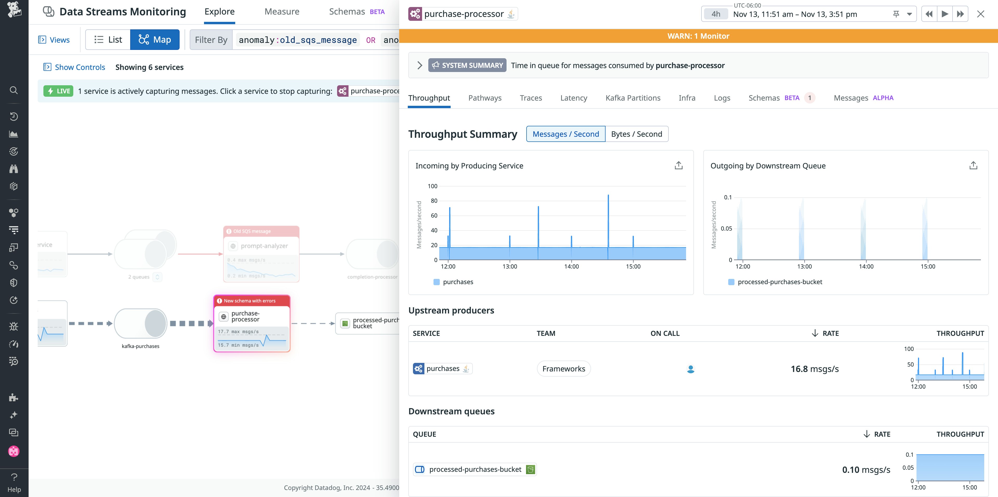 View of a Datadog Data Streams Monitoring showing throughput metrics, upstream producers, and downstream queues View of a Datadog Data Streams Monitoring showing throughput metrics, upstream producers, and downstream queues