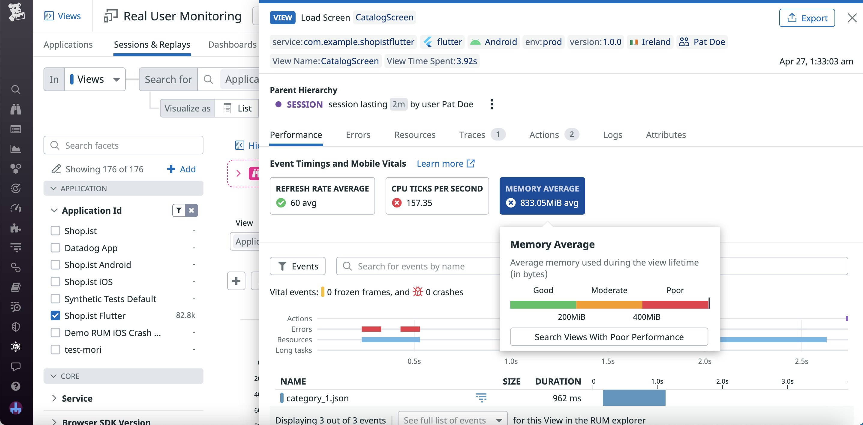Event timings and Mobile Vitals for a Flutter view with poor CPU ticks per second and memory usage. Event timings and Mobile Vitals for a Flutter view with poor CPU ticks per second and memory usage.