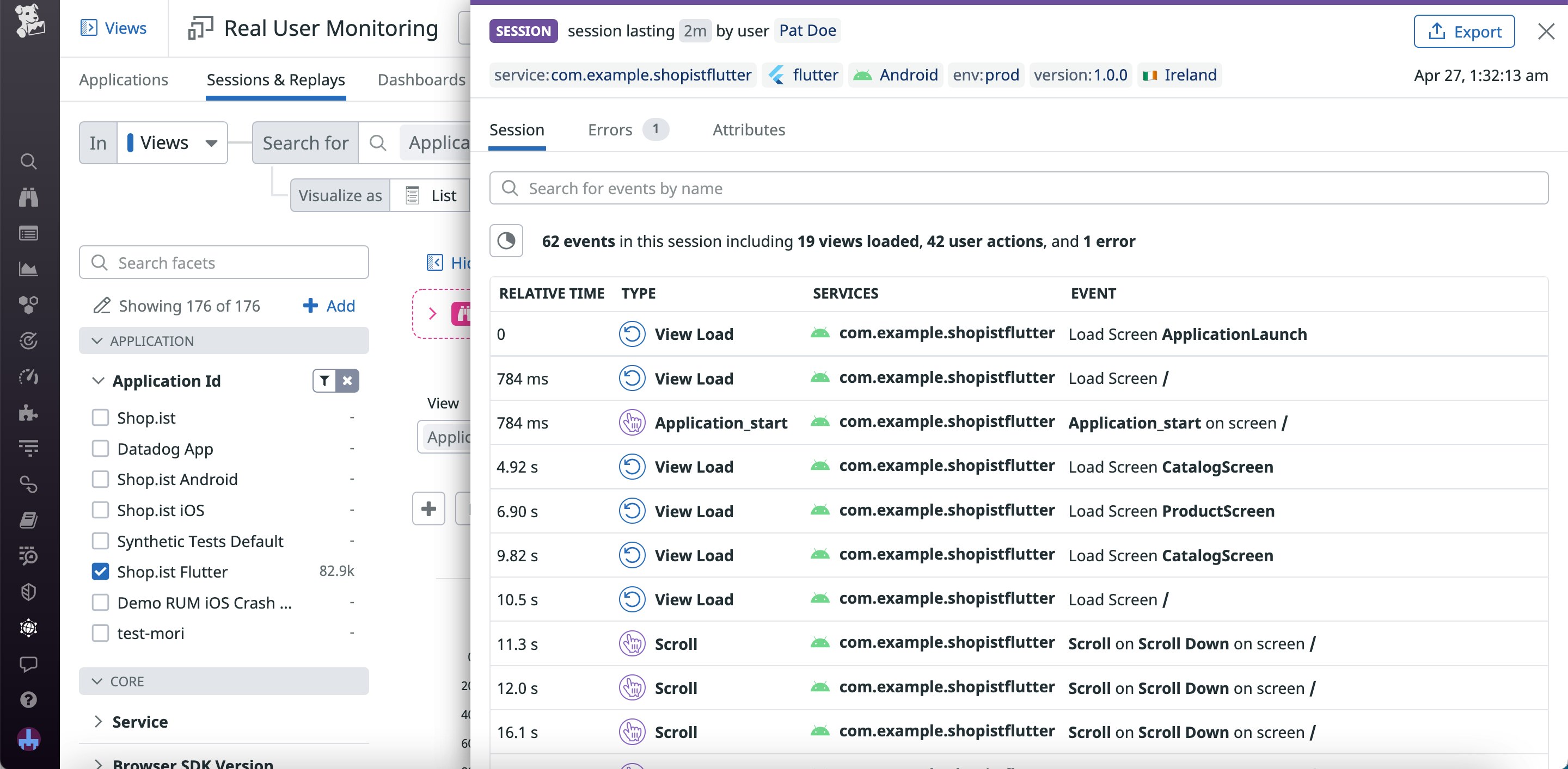 Timeline for a Flutter session, showing an app start event followed by load and scroll events. Timeline for a Flutter session, showing an app start event followed by load and scroll events.