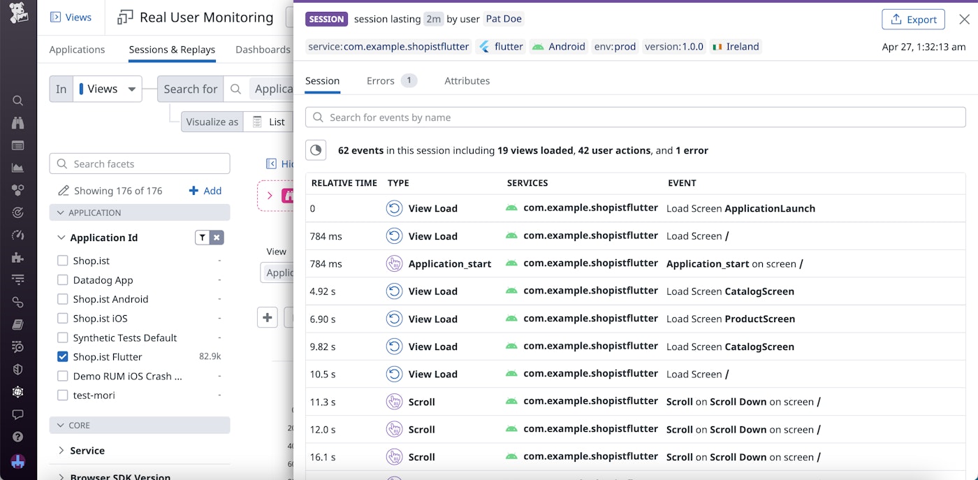 Timeline for a Flutter session, showing an app start event followed by load and scroll events. Timeline for a Flutter session, showing an app start event followed by load and scroll events.