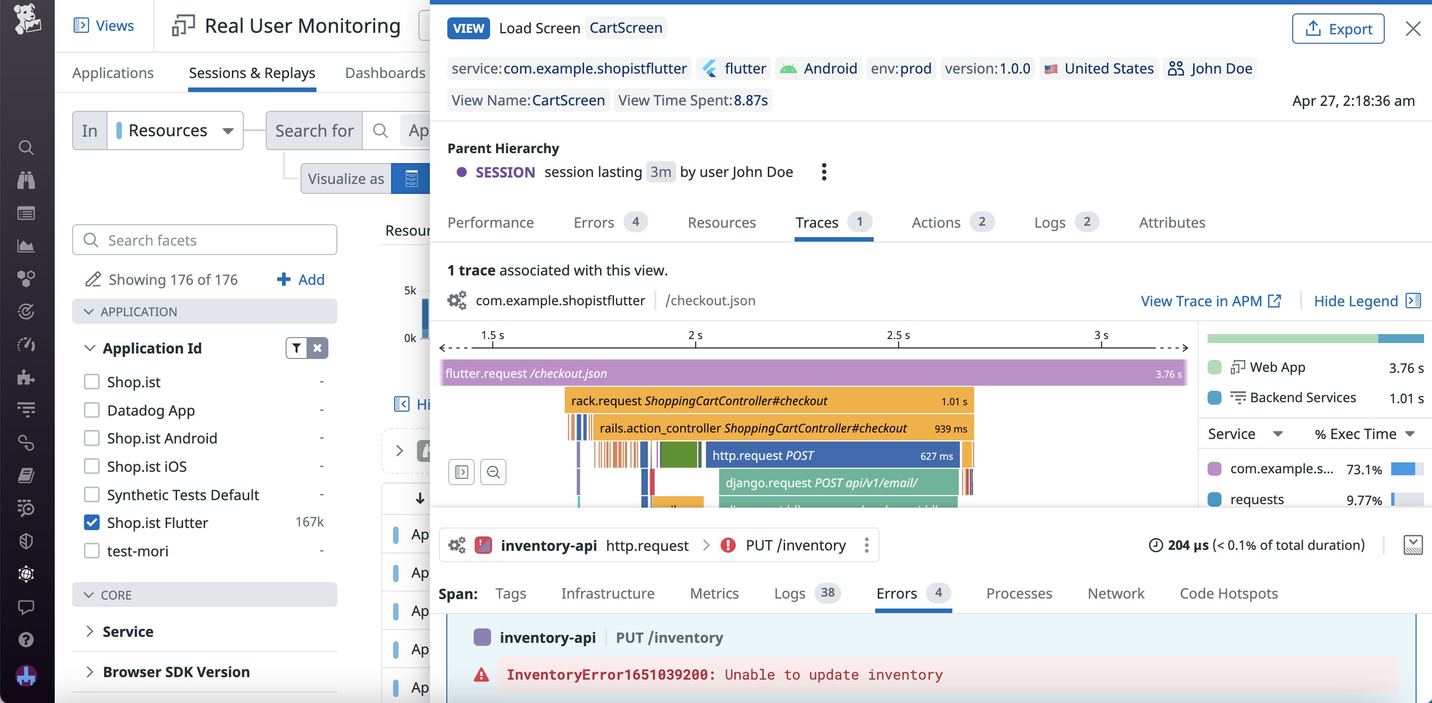 Traces for a Flutter view with an error message on one of the requests. Traces for a Flutter view with an error message on one of the requests.