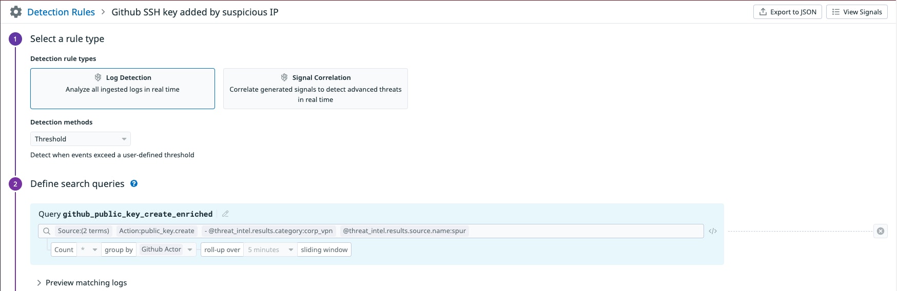Datadog Cloud SIEM rule detecting the addition of an SSH key in GitHub by a suspicious IP Datadog Cloud SIEM rule detecting the addition of an SSH key in GitHub by a suspicious IP