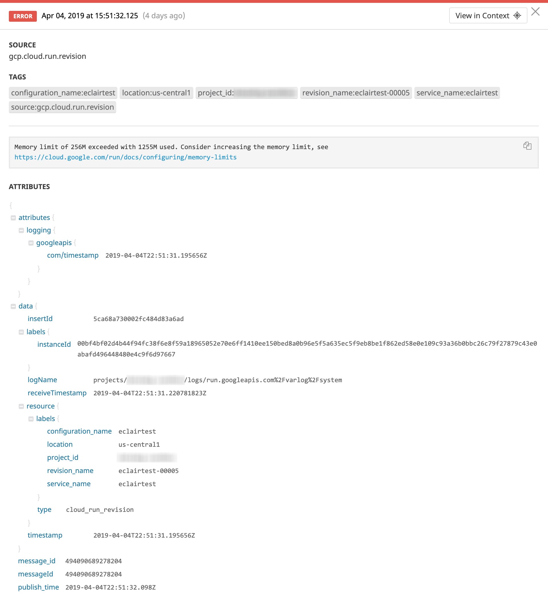 Datadog に表示された Google Cloud Run コンテナからの処理済みログ Datadog に表示された Google Cloud Run コンテナからの処理済みログ