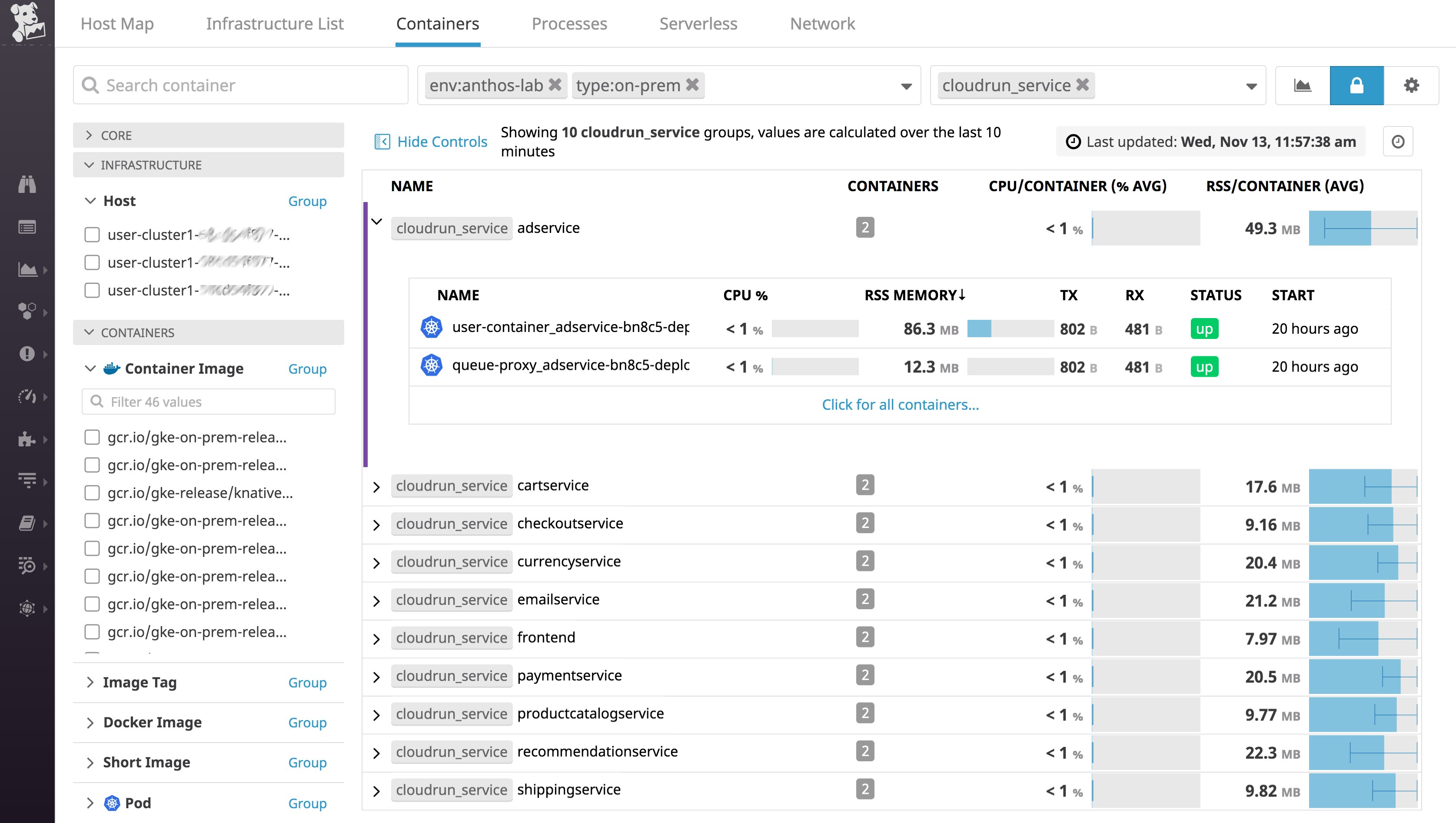 cloudrun service タグでグループ化されたコンテナが Live Container ビューに表示されている様子 cloudrun service タグでグループ化されたコンテナが Live Container ビューに表示されている様子