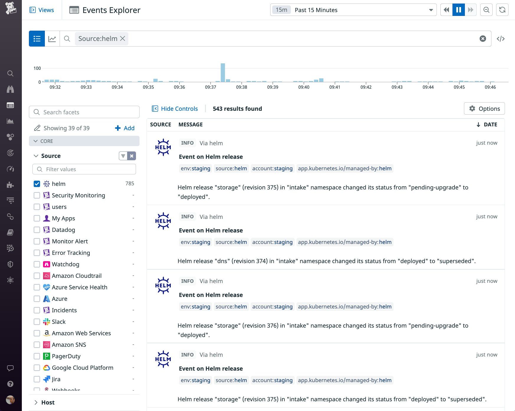 A screenshot shows Helm events in the Events Explorer, which presents a list of messages that describe changes in status of releases in the cluster. A screenshot shows Helm events in the Events Explorer, which presents a list of messages that describe changes in status of releases in the cluster.
