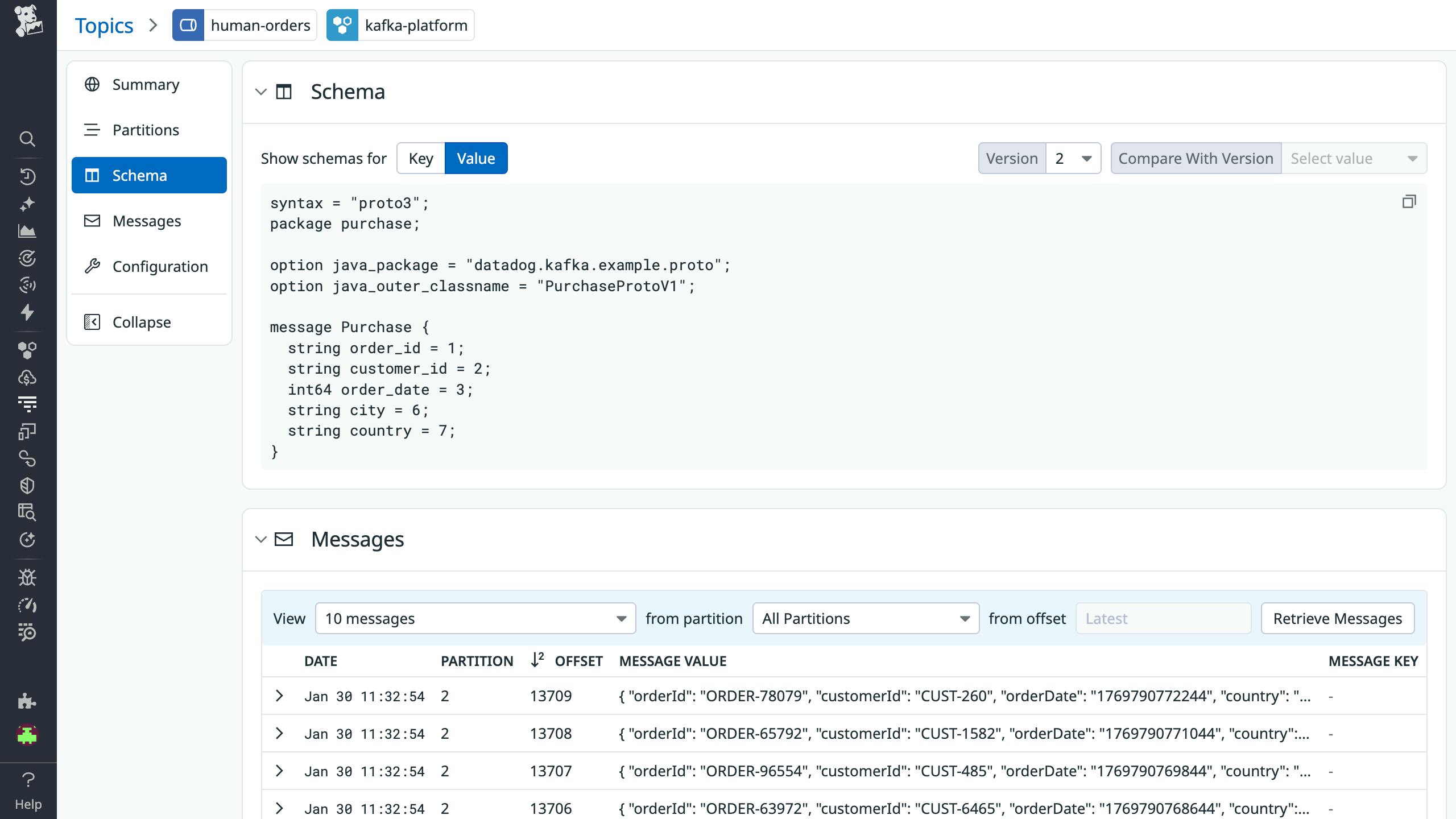 Inspecting Kafka topic metadata in Data Streams Monitoring Kafka Admin.