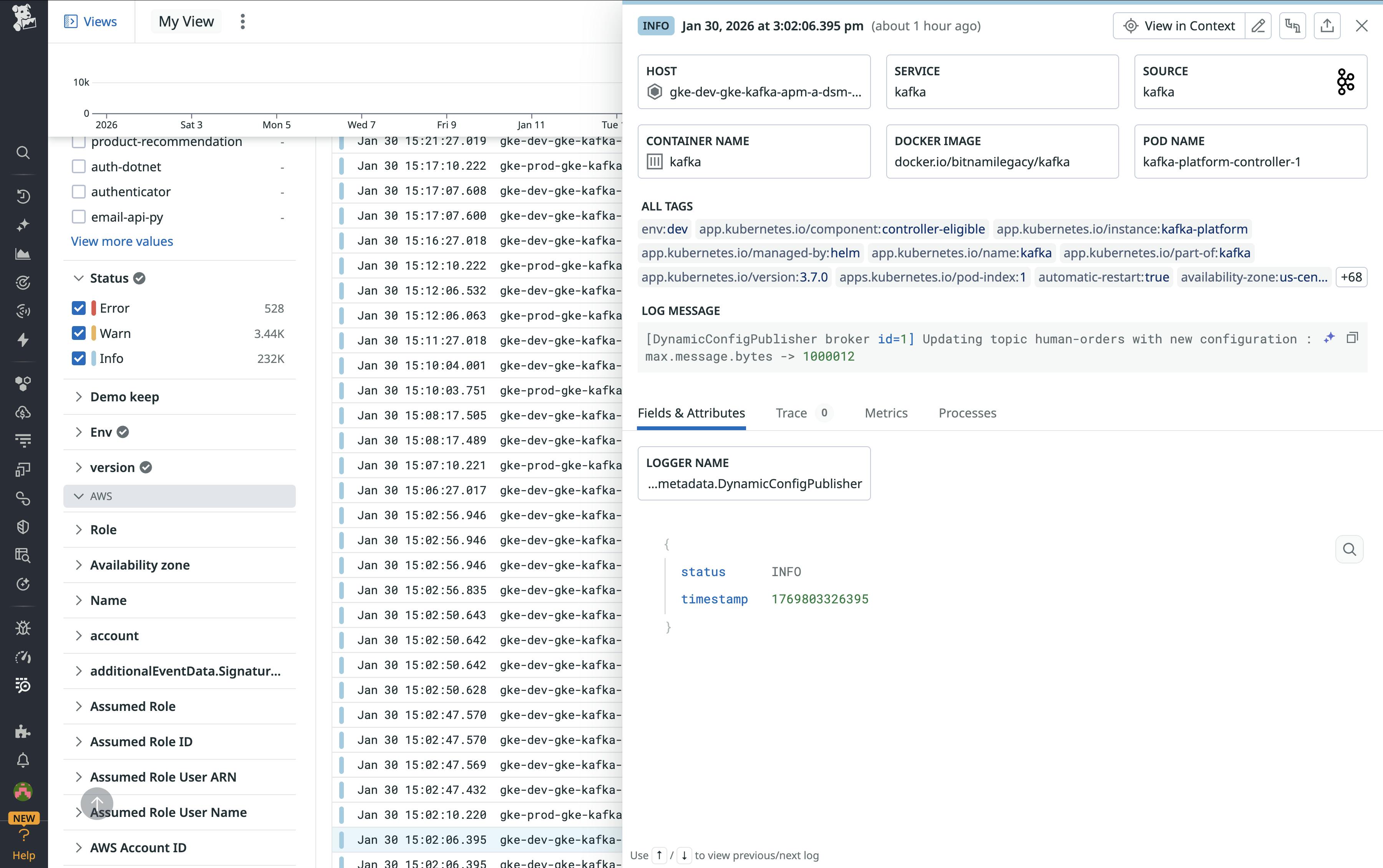 A Kafka log stream in the Log Explorer.