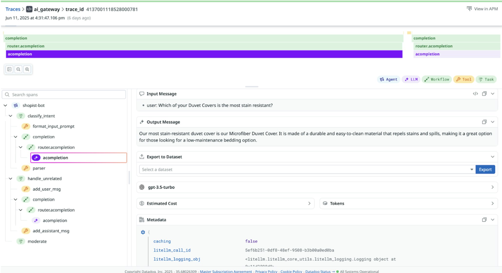 Screenshot of LiteLLM trace in Datadog LLM Observability Screenshot of LiteLLM trace in Datadog LLM Observability