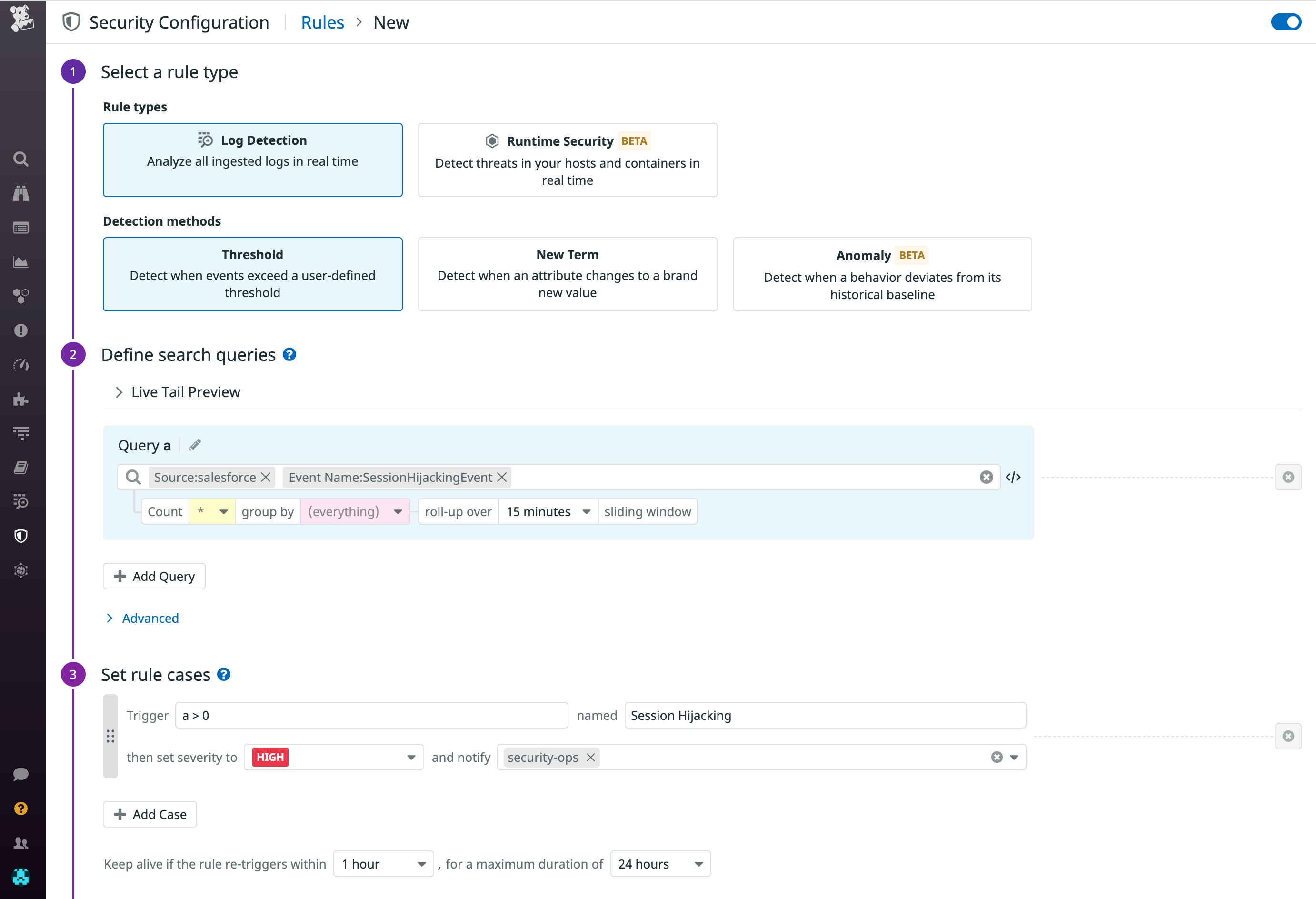 Create a security rule in Datadog to be notified when Salesforce detect a threat to your org. Create a security rule in Datadog to be notified when Salesforce detect a threat to your org.
