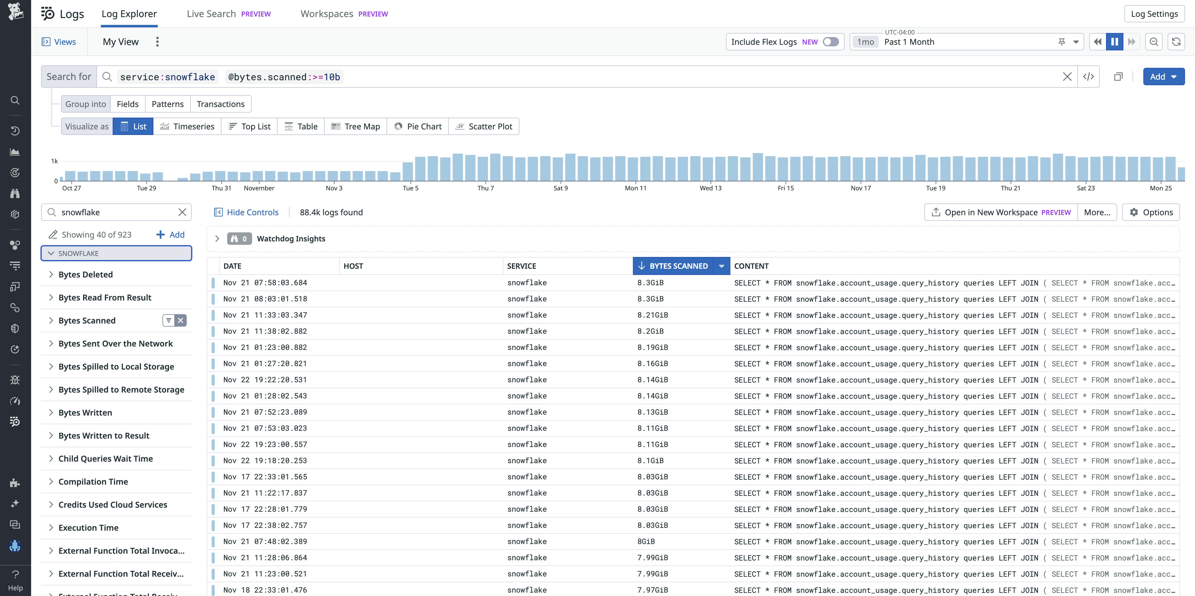 The log explorer enables you to filter queries by facet. The log explorer enables you to filter queries by facet.
