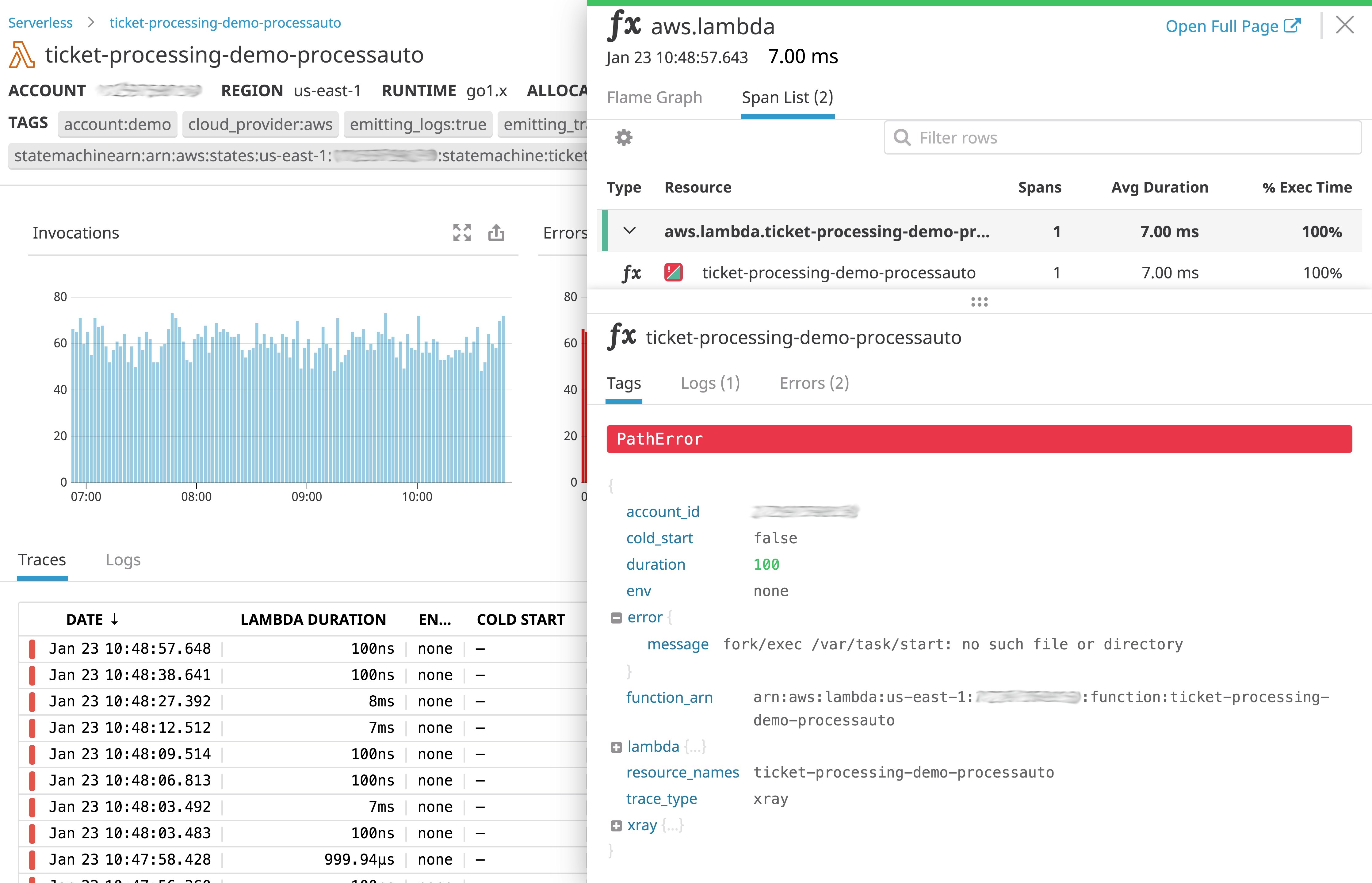 Use the Datadog Serverless view to see error messages collected using distributed tracing and APM. Use the Datadog Serverless view to see error messages collected using distributed tracing and APM.