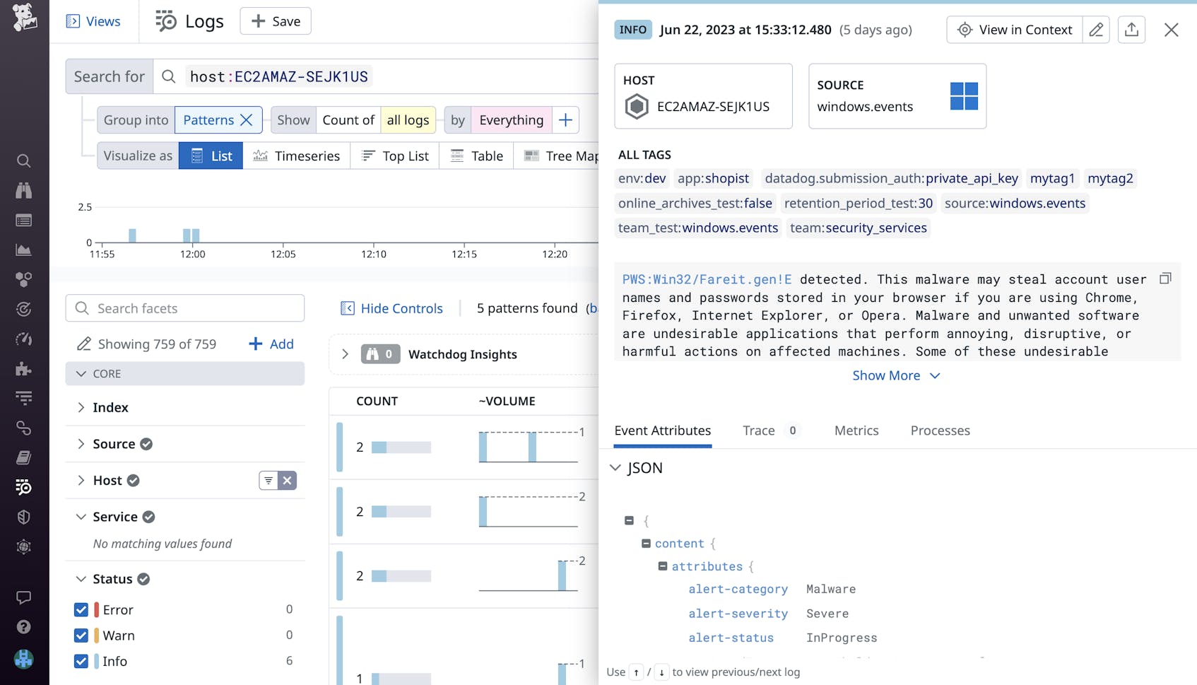 Monitor Windows Defender Antivirus events in Datadog Log Management.