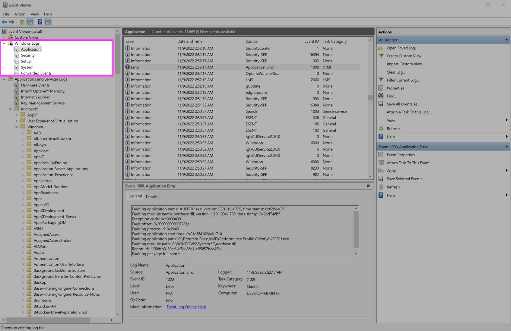 View your different channels in the Windows Event Viewer.