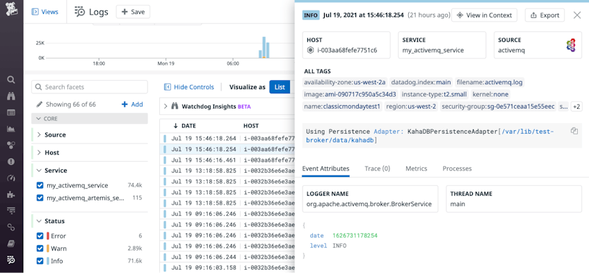 Screenshot of the log explorer, showing detail of an ActiveMQ log.
