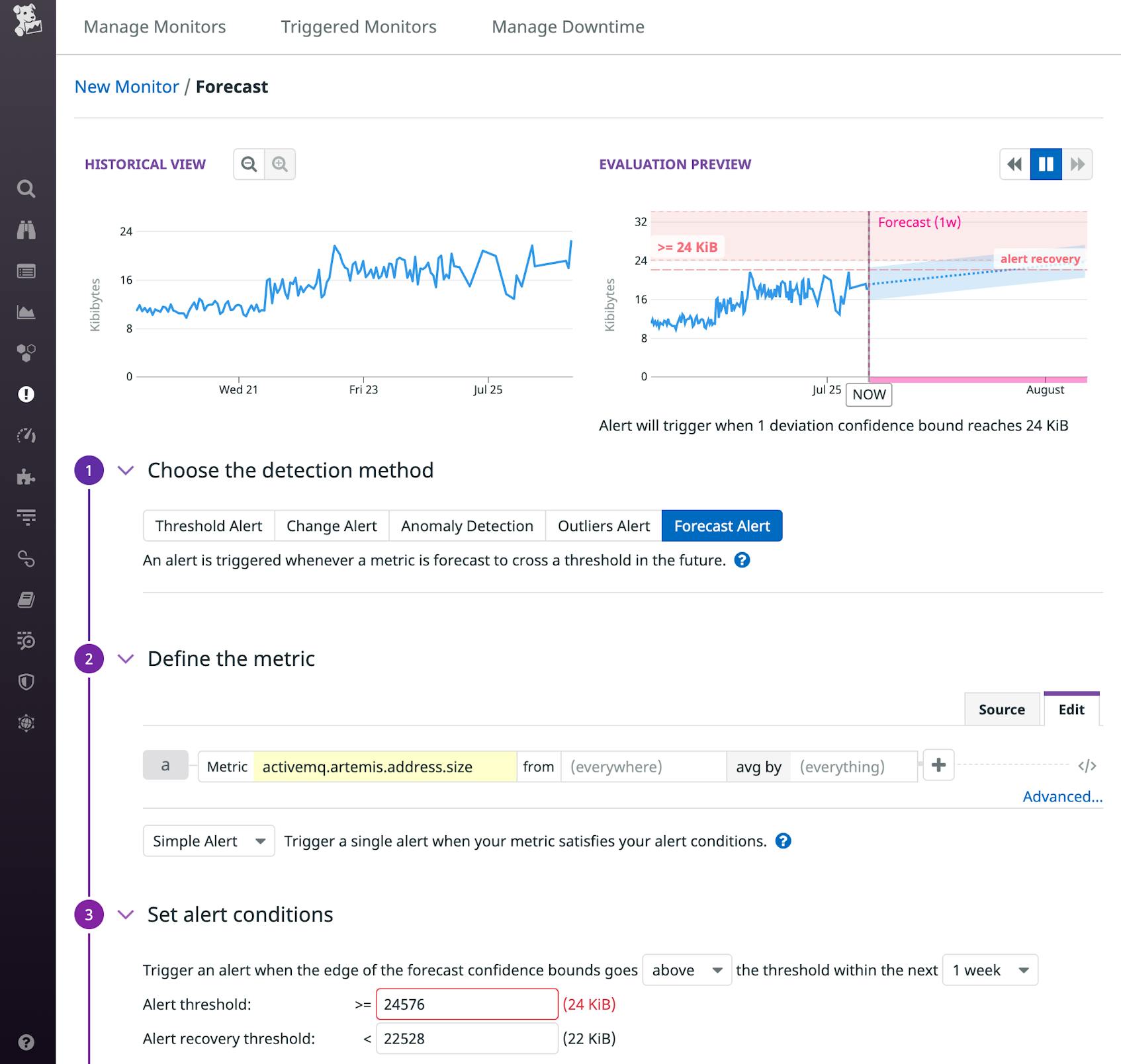 Screenshot showing the controls you use to create a new alert.