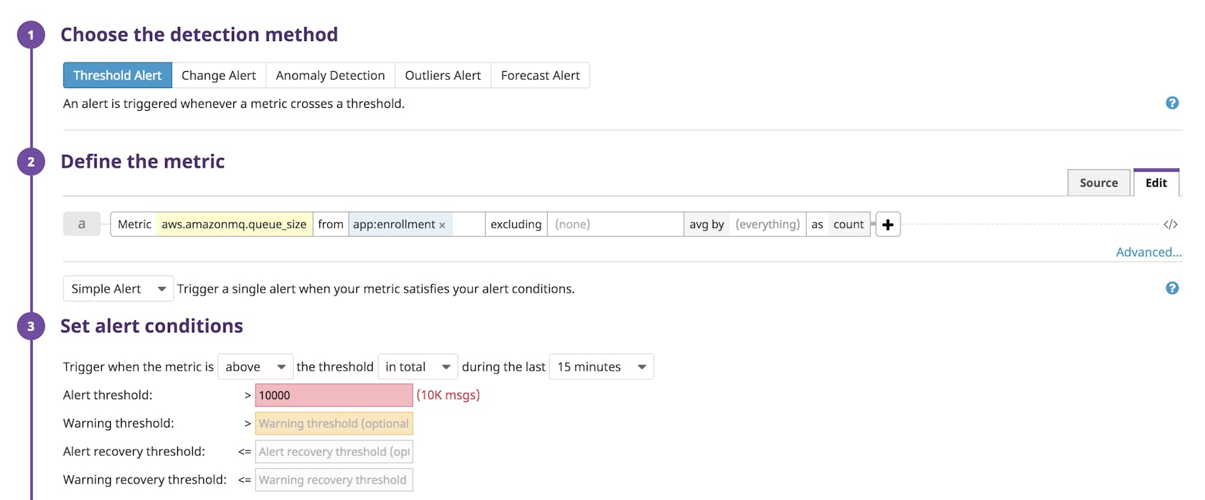 The Datadog screen for creating a Threshold Alert. The metric to alert on is queue size and the alert threshold is 10,000 messages.