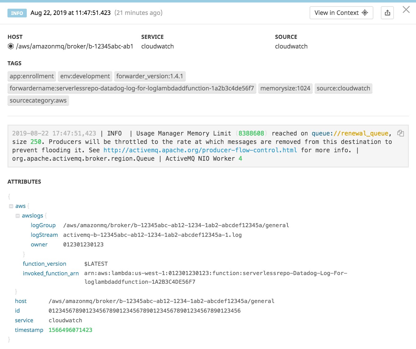 The Log Explorer shows the attributes that have been automatically parsed from a CloudWatch log. The Log Explorer shows the attributes that have been automatically parsed from a CloudWatch log.