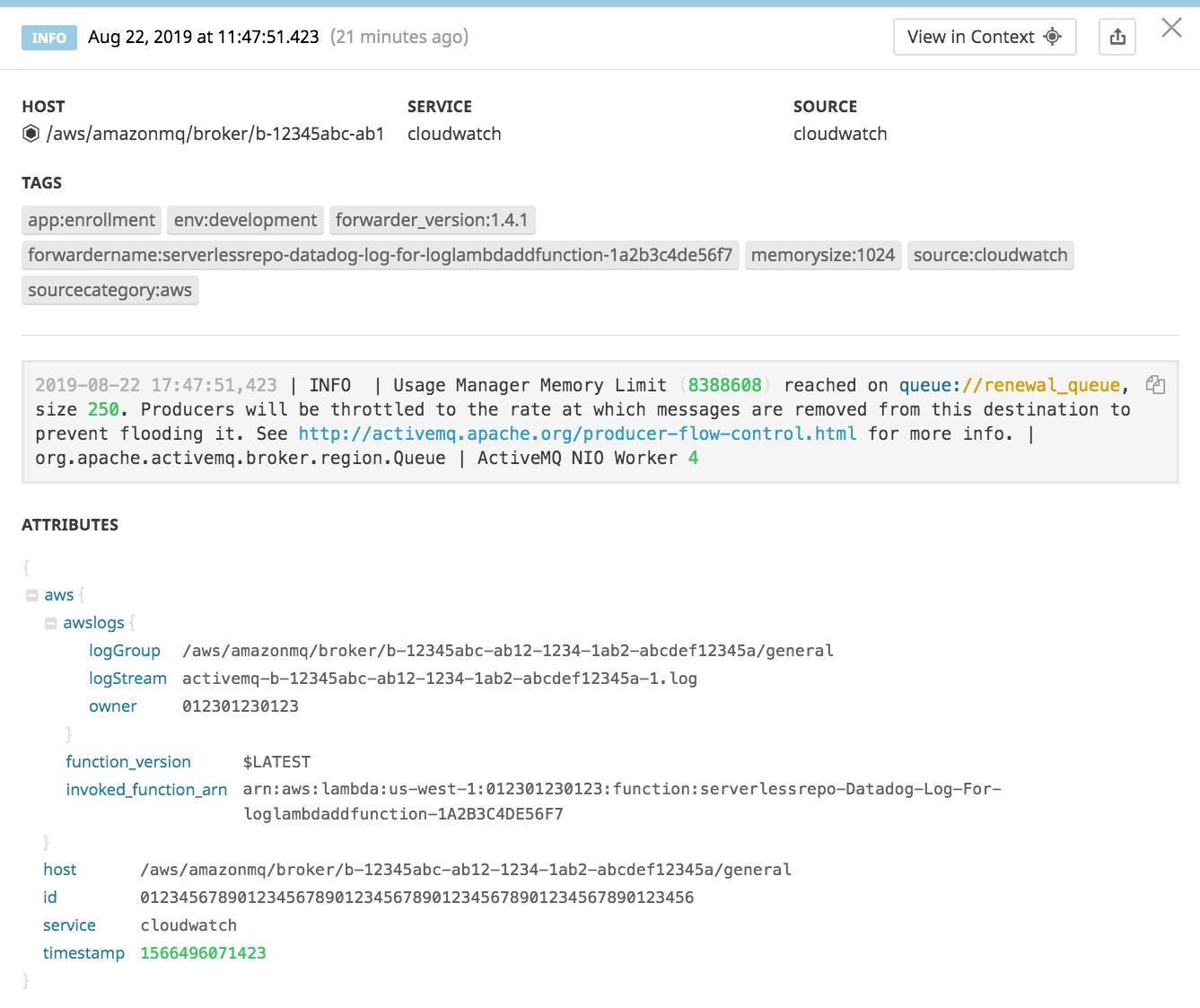 The Log Explorer shows the attributes that have been automatically parsed from a CloudWatch log.