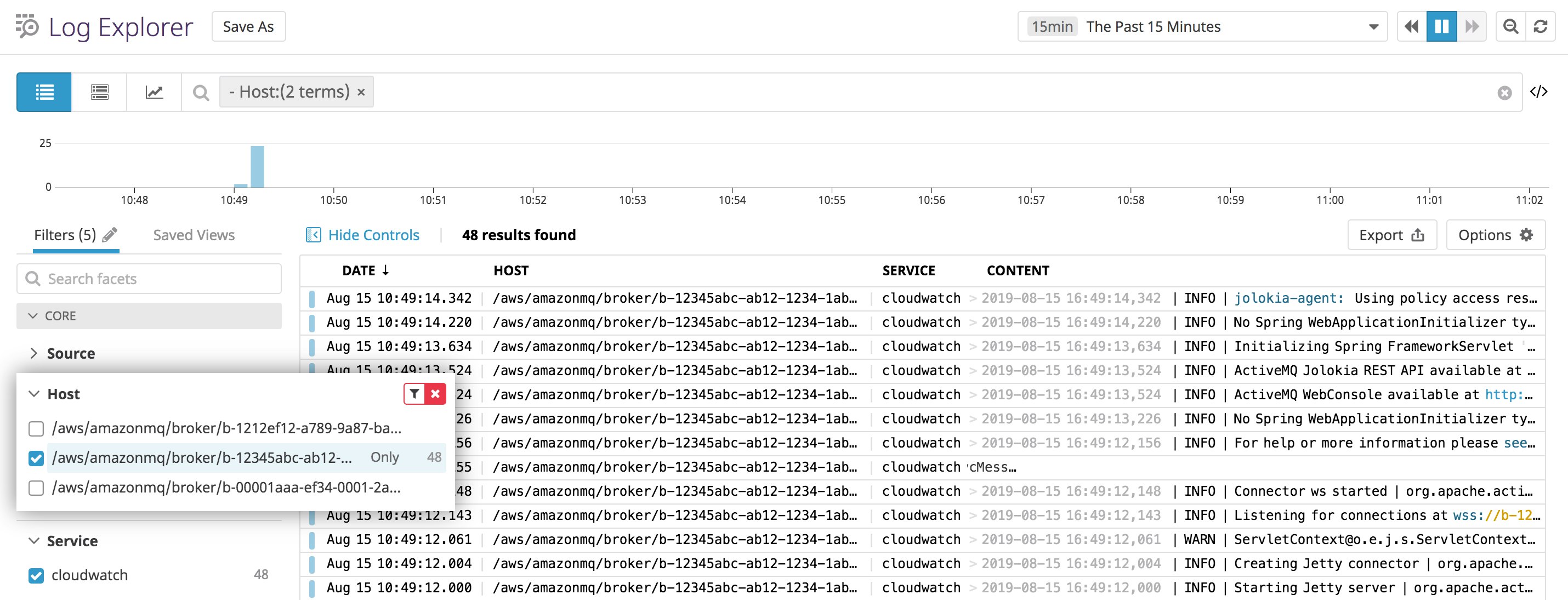 You can use the Host attribute to filter your CloudWatch logs and display only logs from specific brokers. You can use the Host attribute to filter your CloudWatch logs and display only logs from specific brokers.